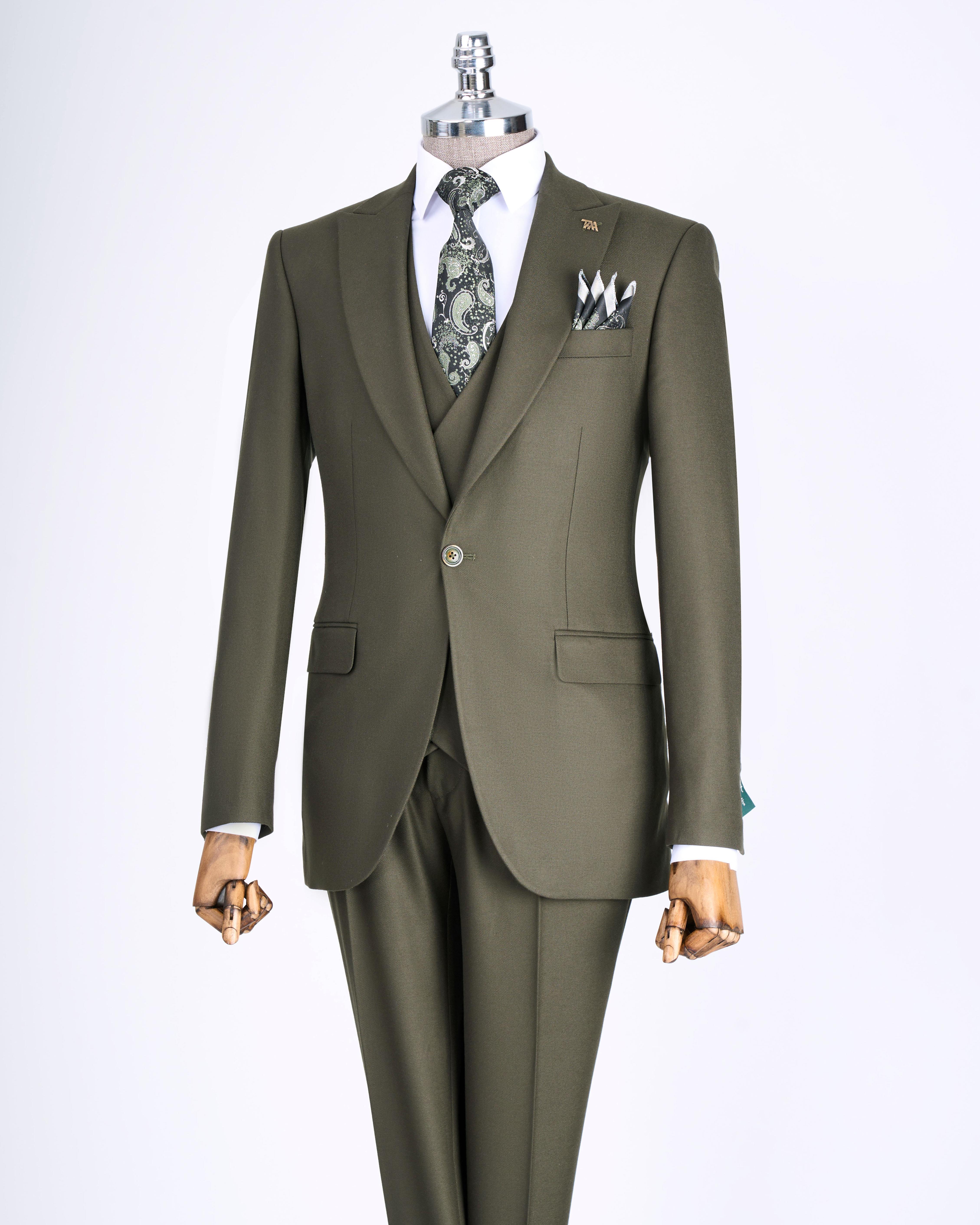 İtalyan stil slim fit ceket yelek pantolon takım elbise yeşil T13501