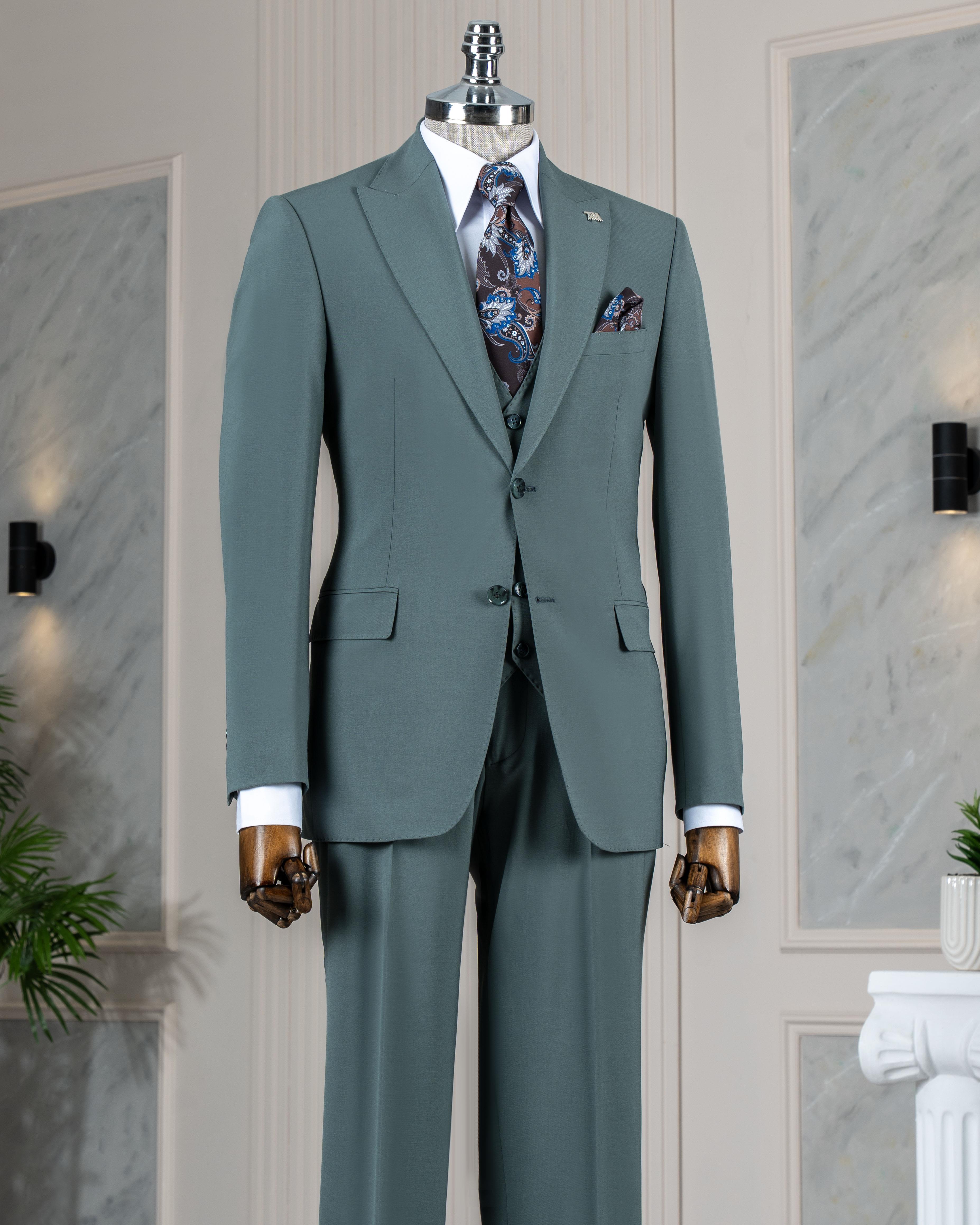 İtalyan stil slim fit ceket yelek pantolon takım elbise yeşil T14580