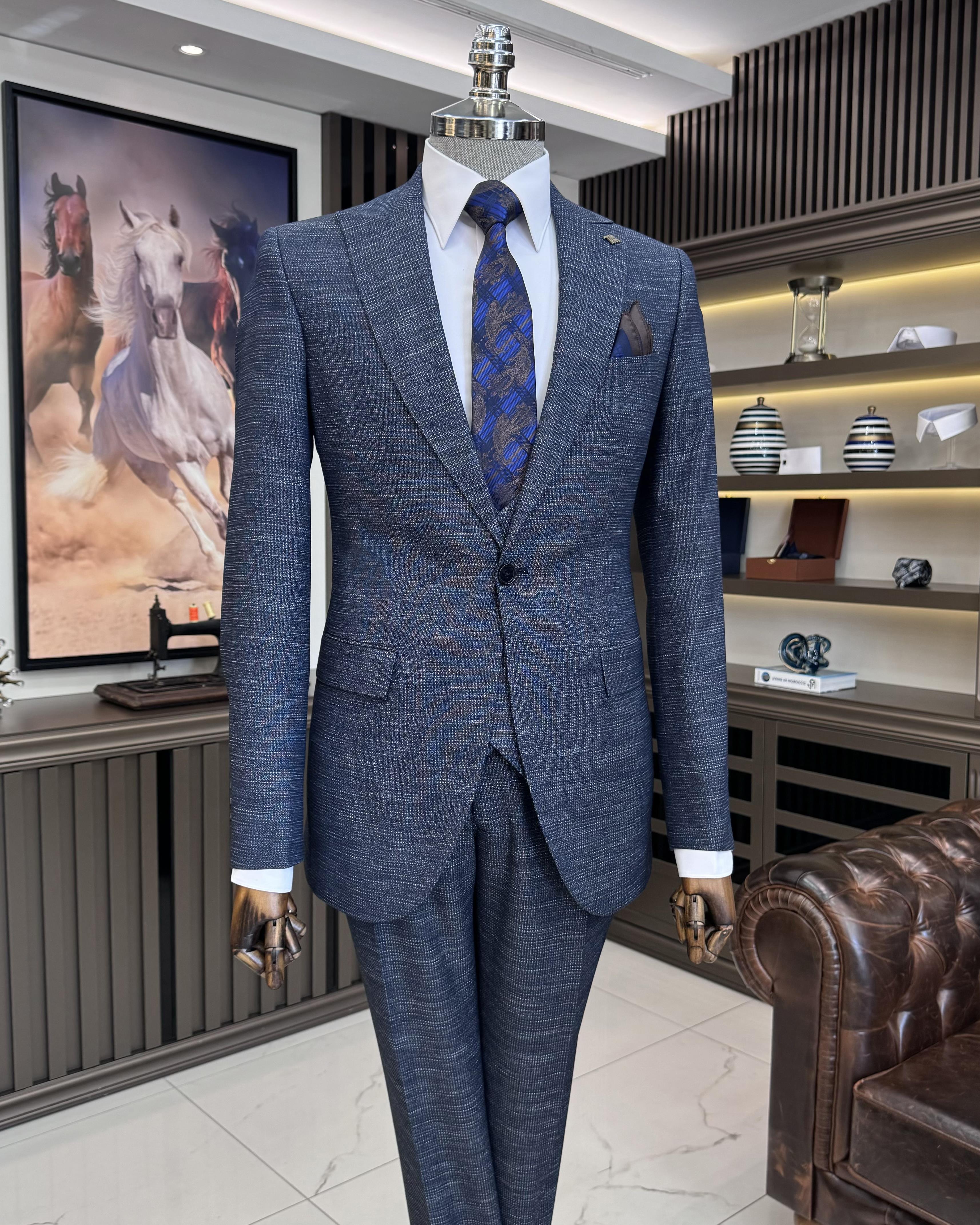 İtalyan stil slim fit ceket yelek pantolon takım elbise lacivert T10865