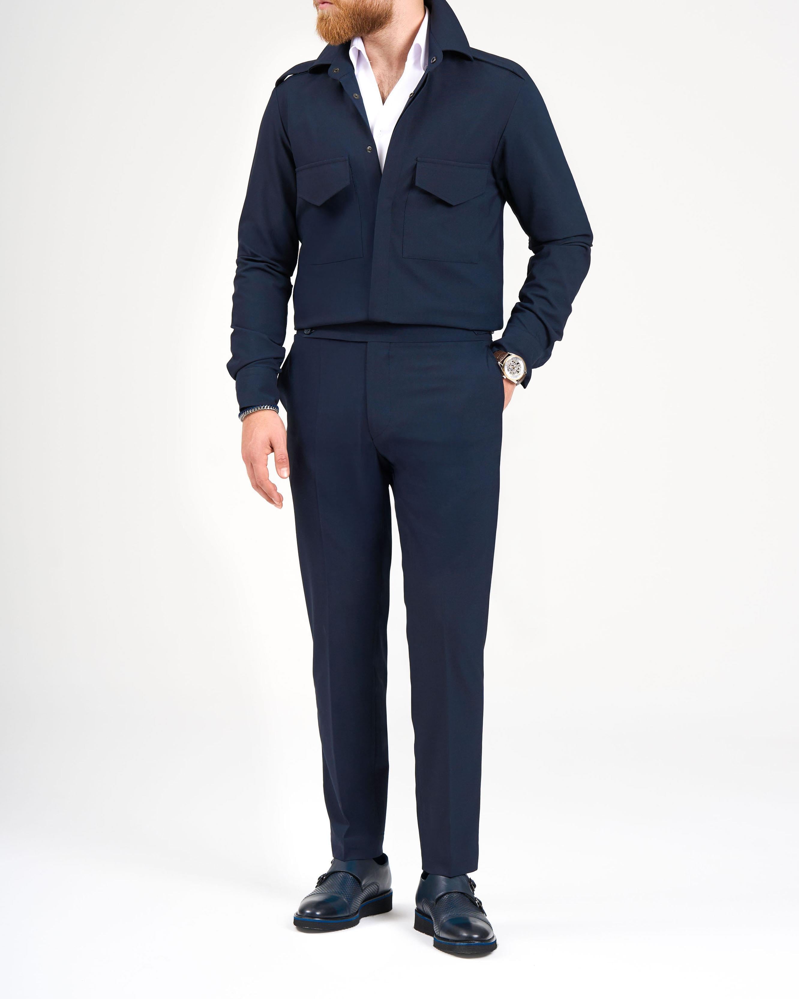 italyan stil slim fit cep detaylı gömlek pantolon takım elbise lacivert T11967