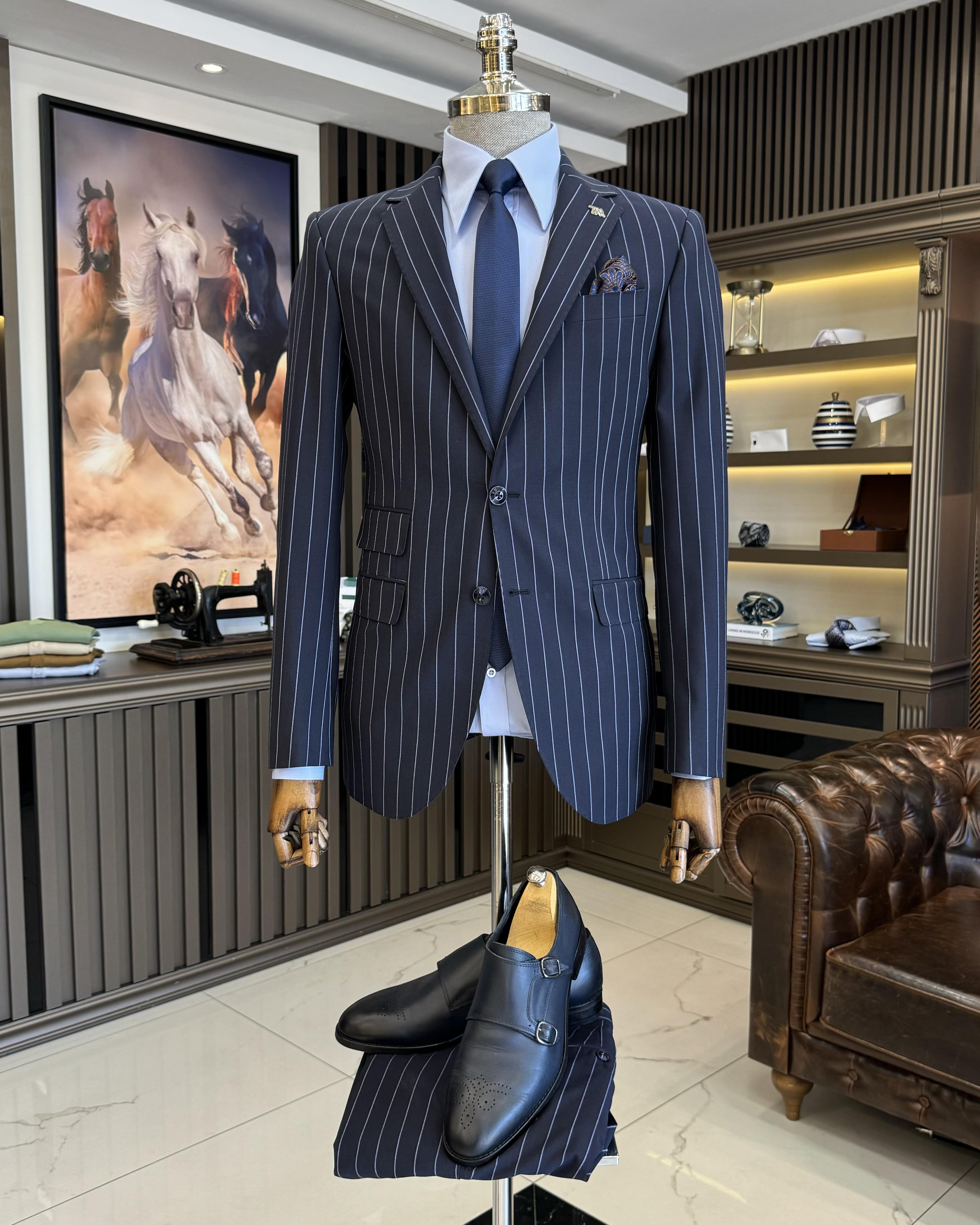 İtalyan stil slim fit çizgili ceket pantolon takım elbise lacivert T11929
