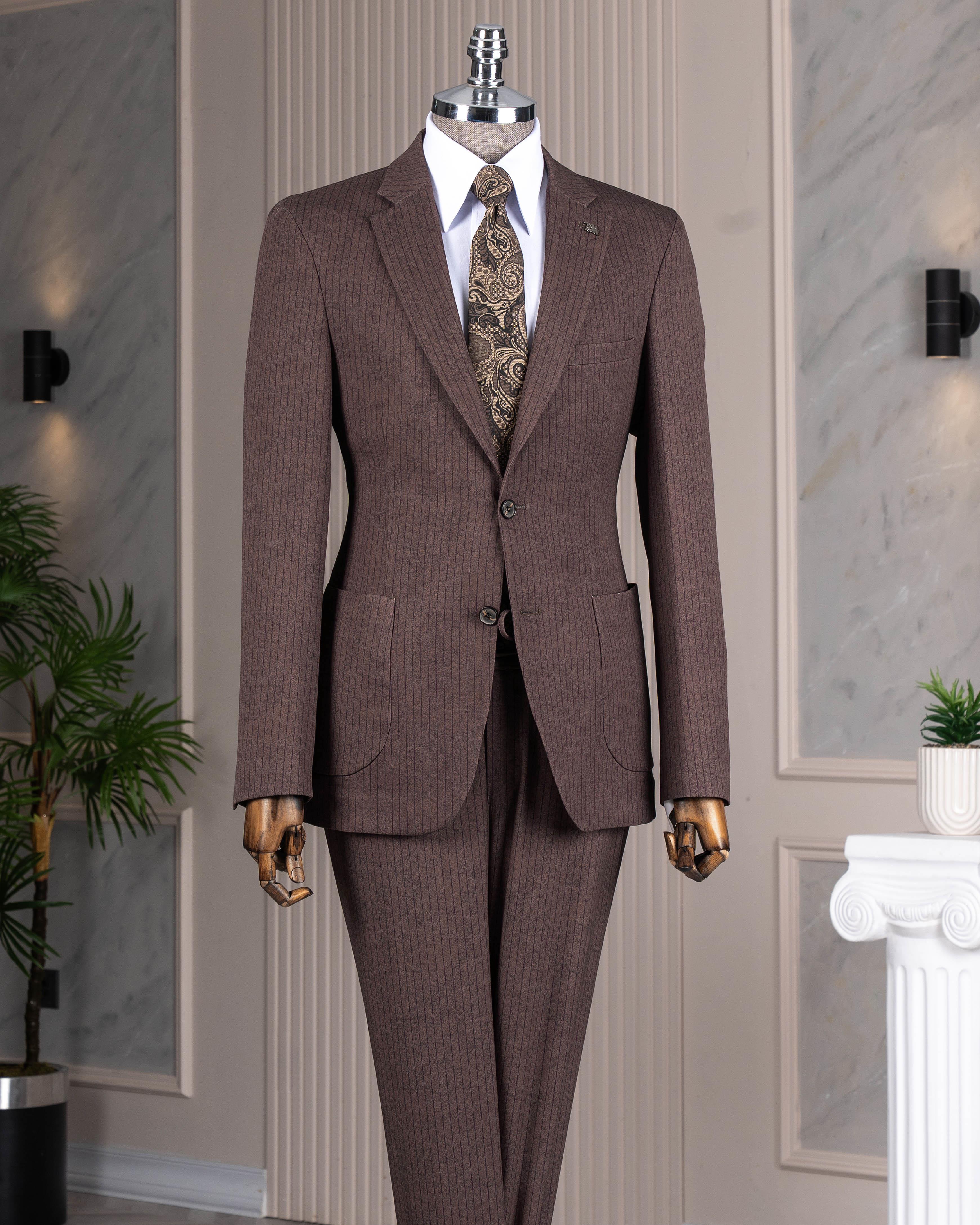 İtalyan stil slim fit çizgili erkek ceket pantolon takım elbise kahverengi   T12909