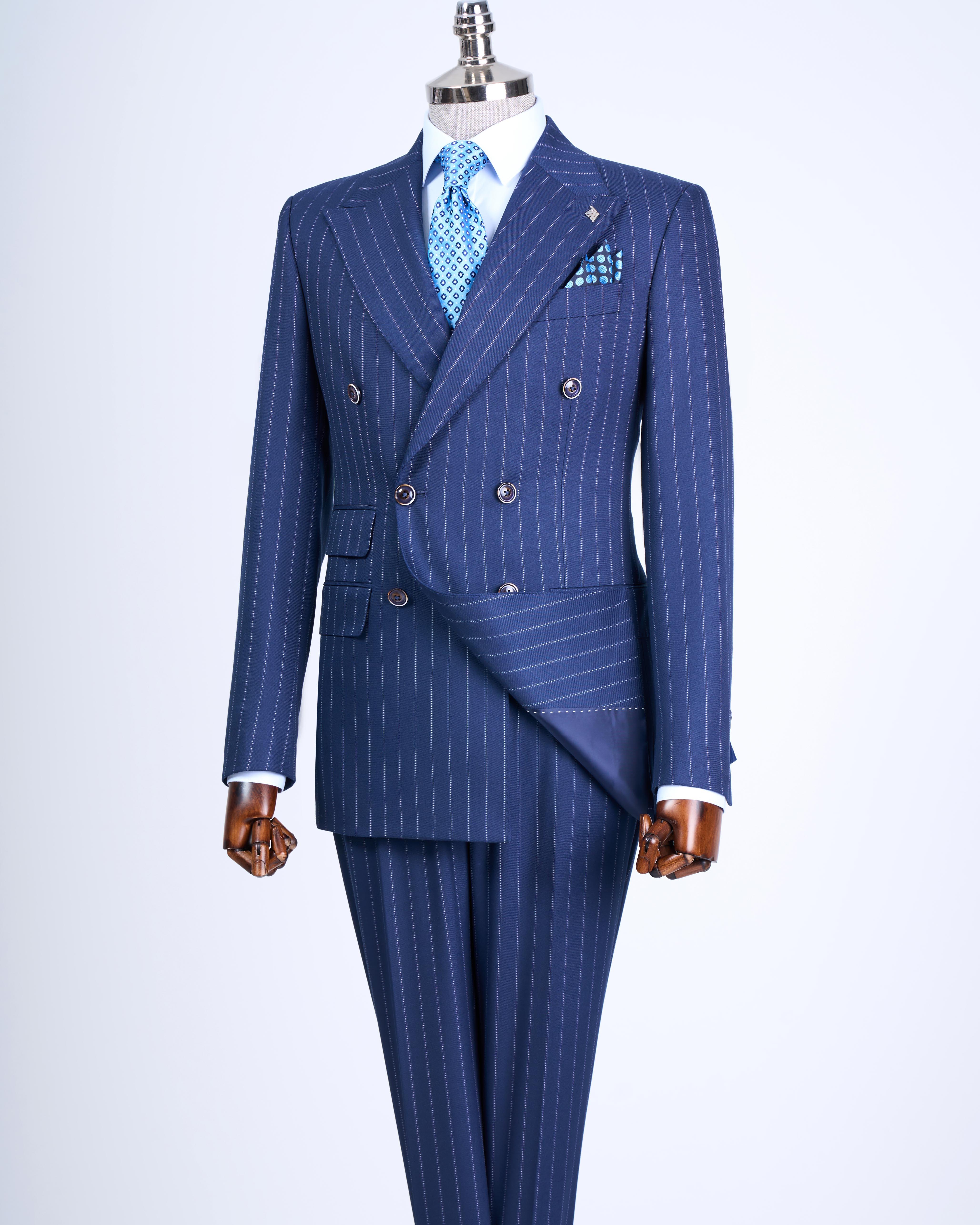 İtalyan stil slim fit çizgili kruvaze ceket pantolon takım elbise lacivert T13487