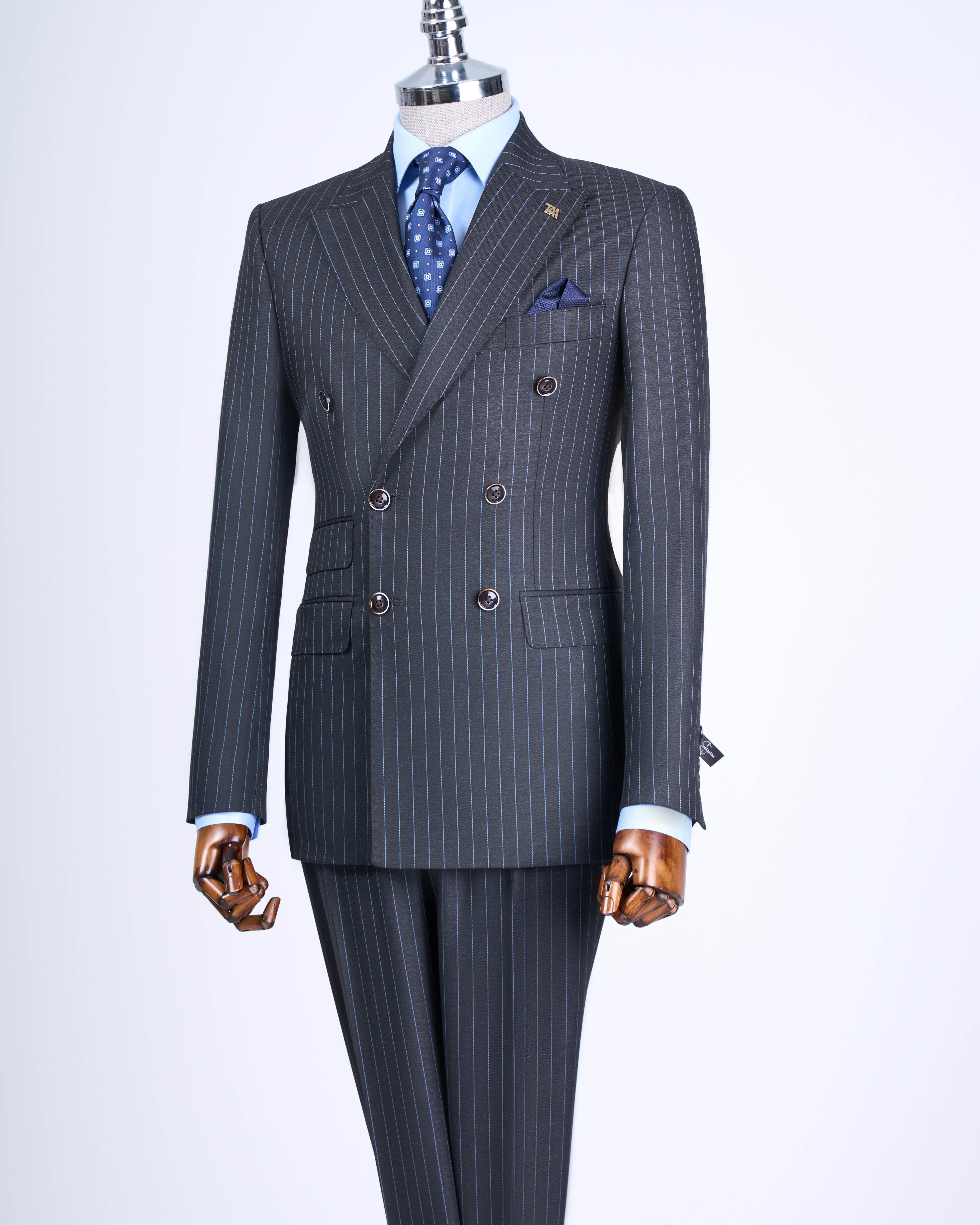 İtalyan stil slim fit çizgili kruvaze ceket pantolon takım elbise antrasit T13197