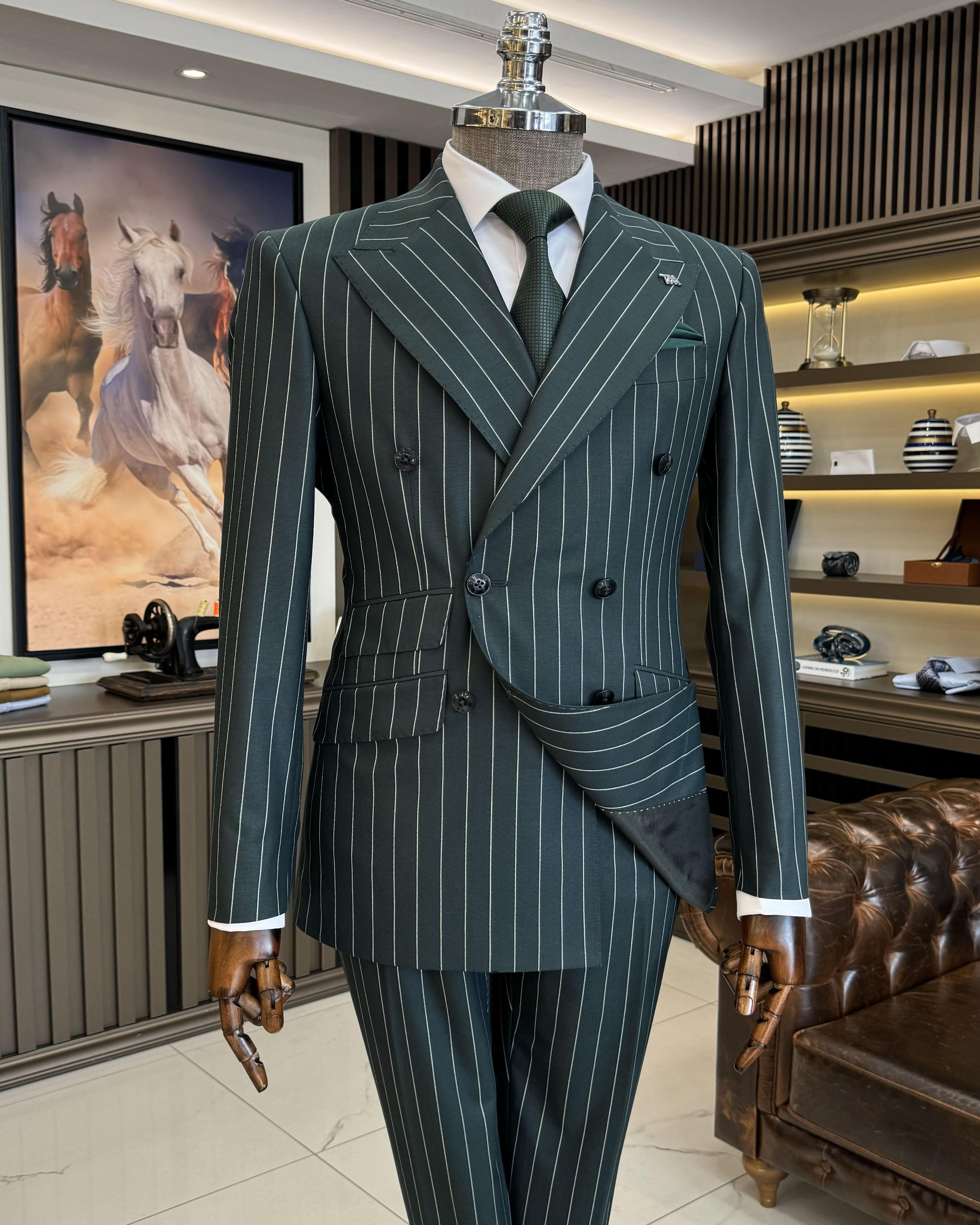 İtalyan stil slim fit çizgili kruvaze ceket pantolon takım elbise yeşil T11937