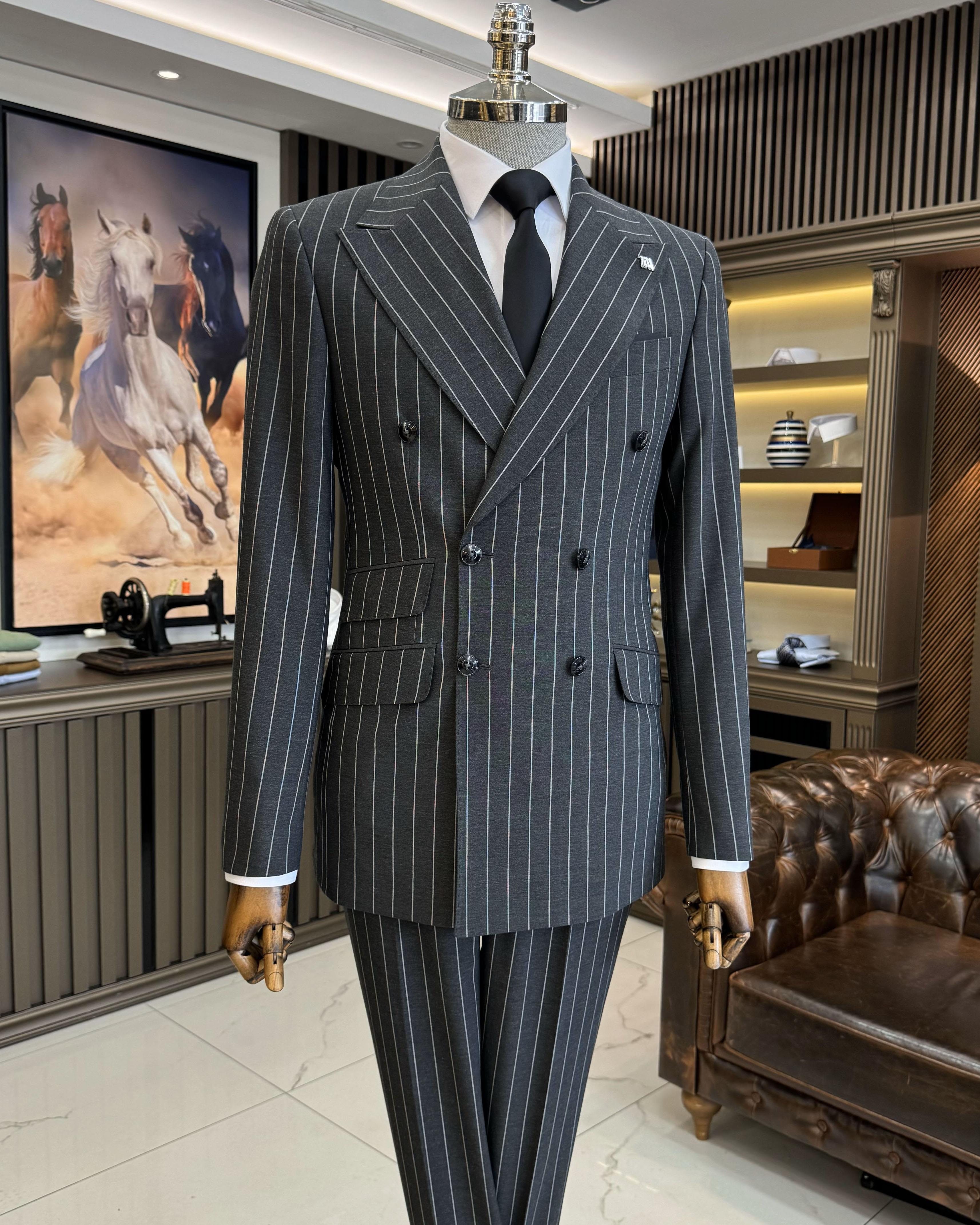 İtalyan stil slim fit çizgili kruvaze ceket pantolon takım elbise antrasit T11934