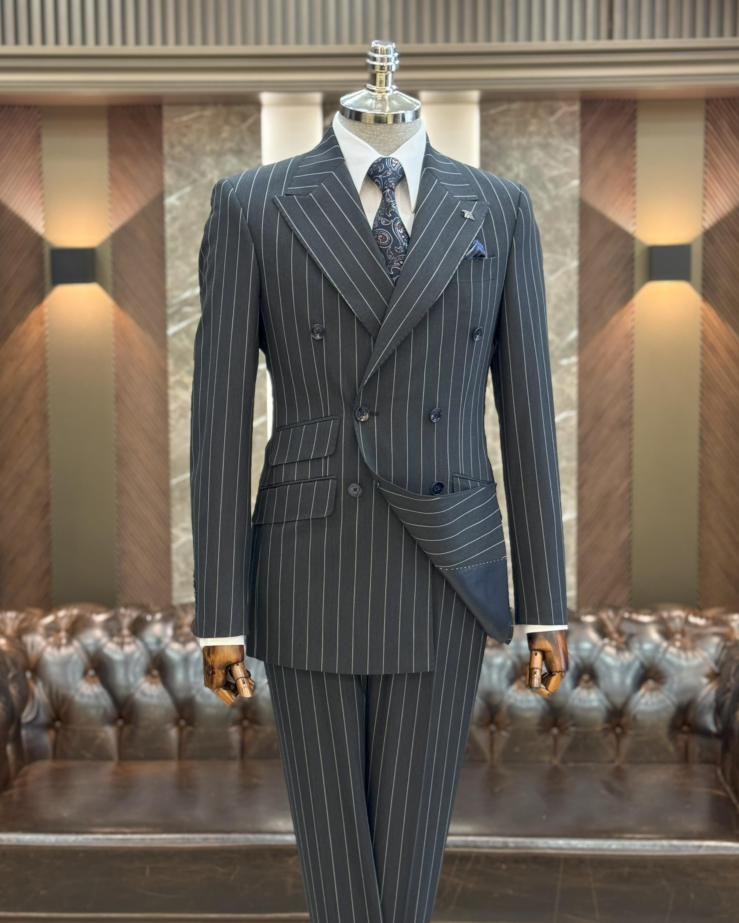 İtalyan stil slim fit çizgili kruvaze ceket pantolon takım elbise lacivert T11938