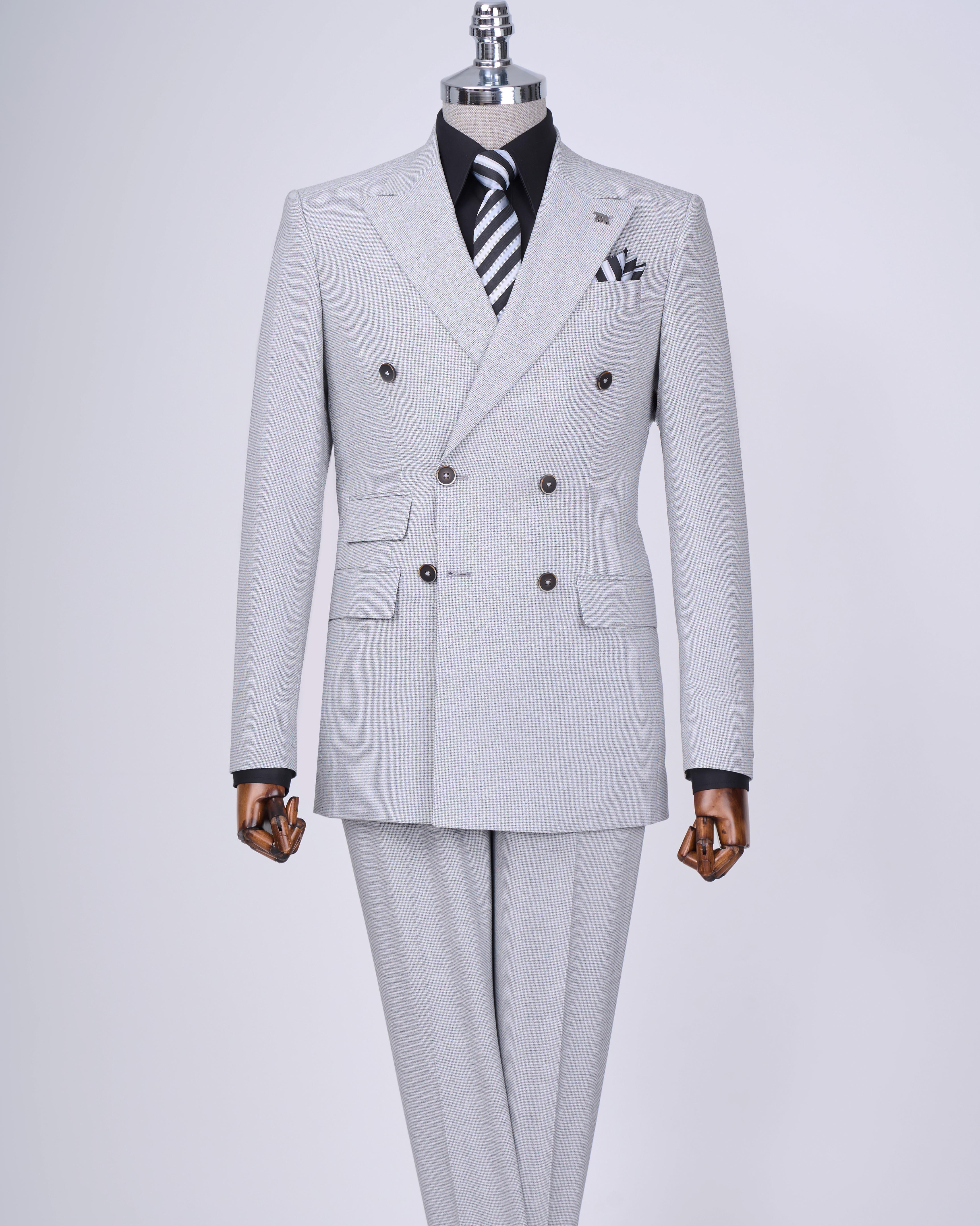 İtalyan stil slim fit desenli  kruvaze ceket pantolon takım elbise gri T11799