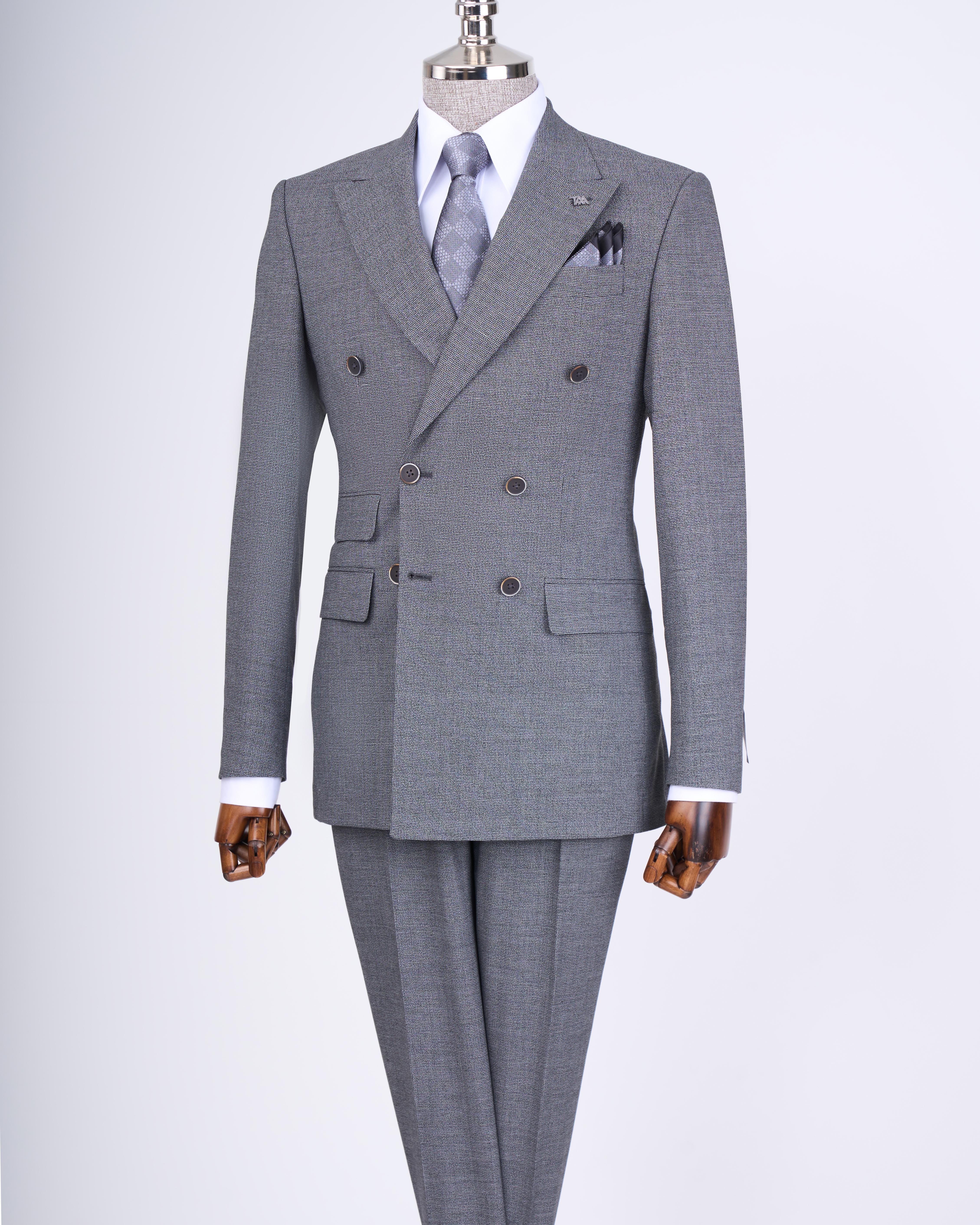 İtalyan stil slim fit desenli  kruvaze ceket pantolon takım elbise siyah T11693