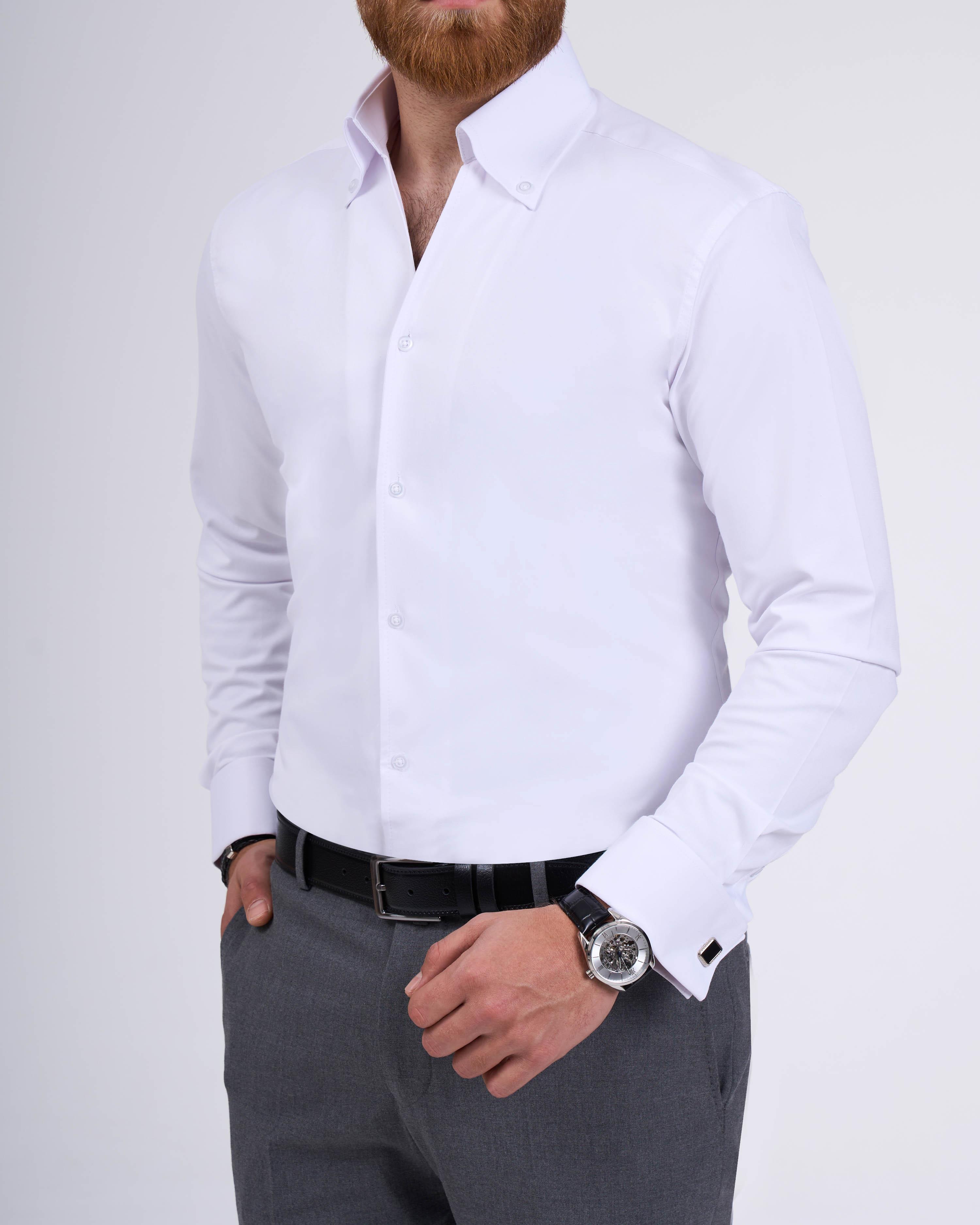 İtalyan stil slim fit dik yaka duble manşet erkek gömlek beyaz T11956