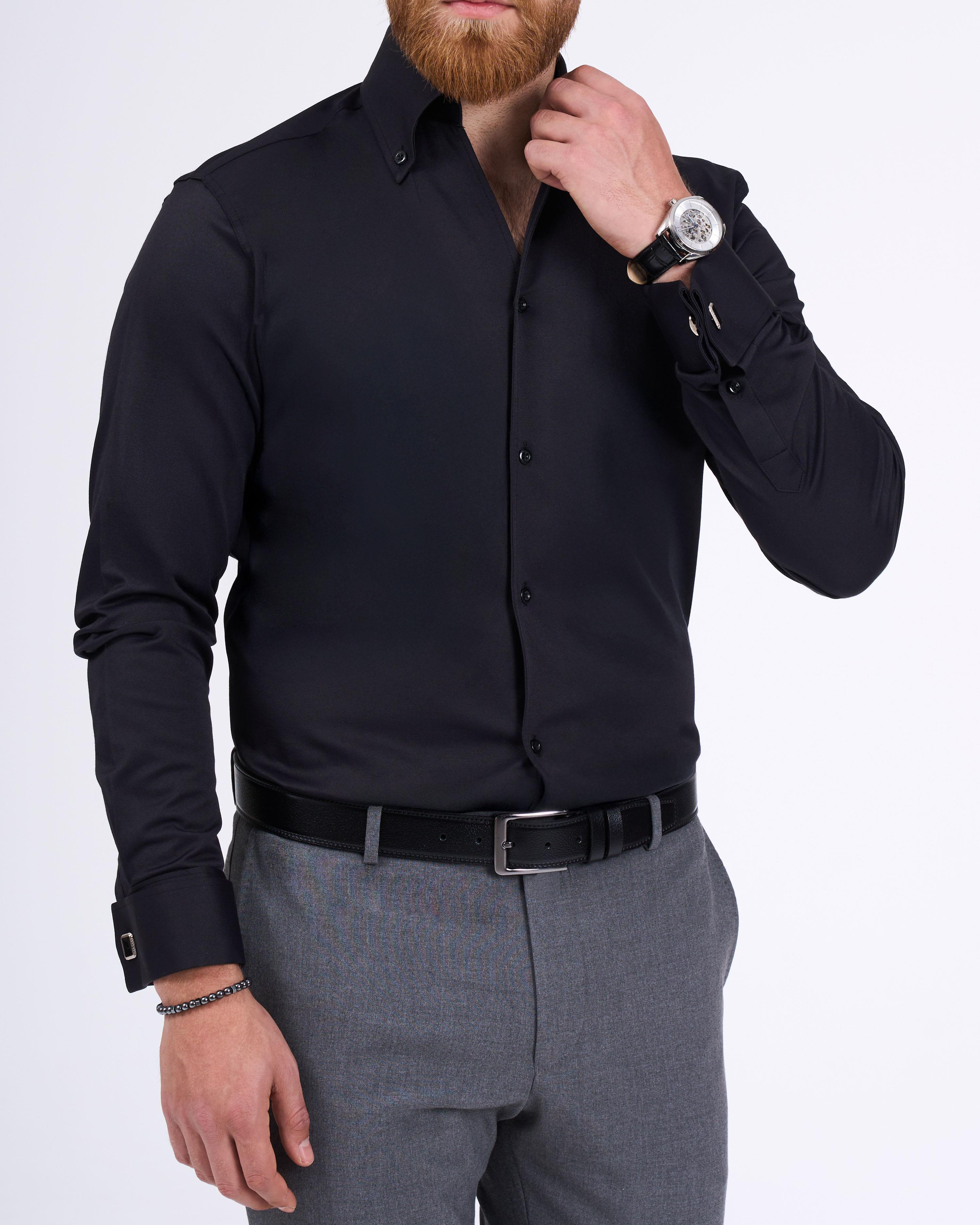 İtalyan stil slim fit dik yaka duble manşet erkek gömlek siyah T11954