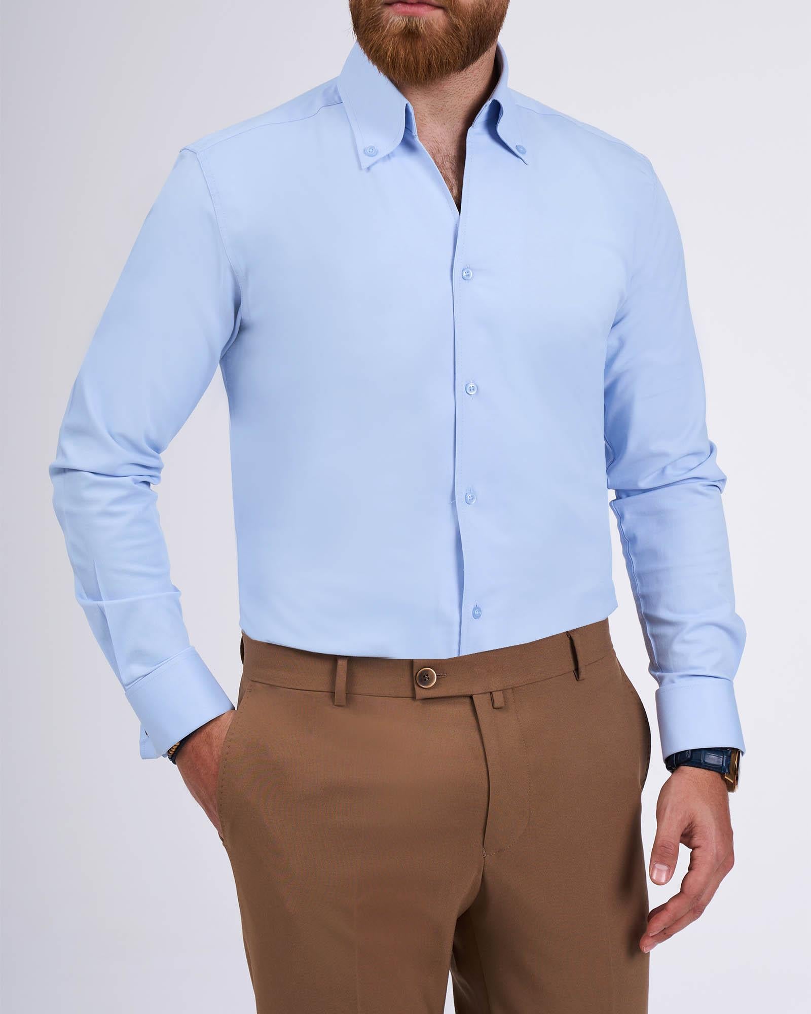 İtalyan stil slim fit dik yaka duble manşet erkek gömlek mavi T11955