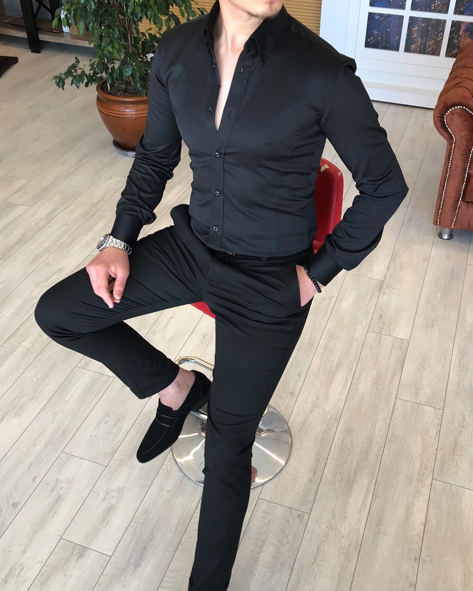italyan stil slim fit dik yaka saten erkek gömlek Siyah T4739