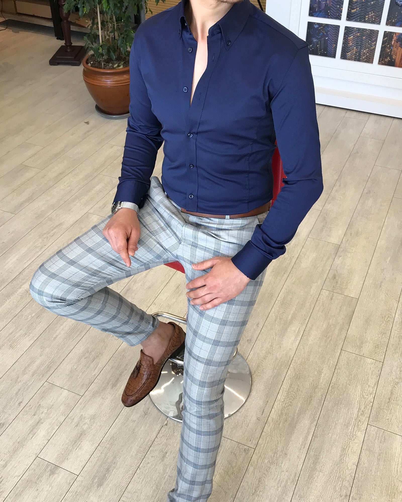 italyan stil slim fit dik yaka saten erkek gömlek Lacivert T4741