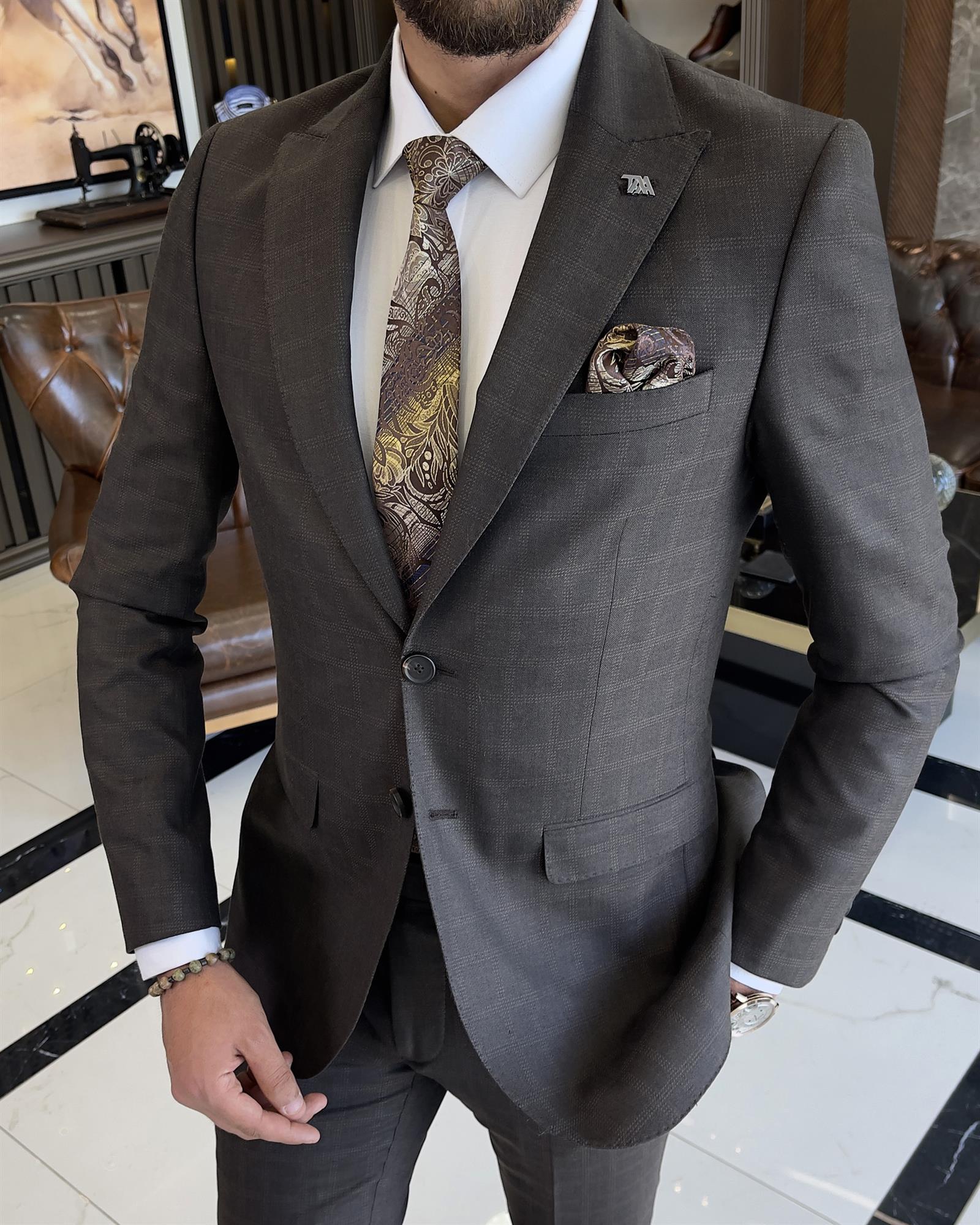 İtalyan stil slim fit ekose ceket pantolon takım elbise kahverengi T9563