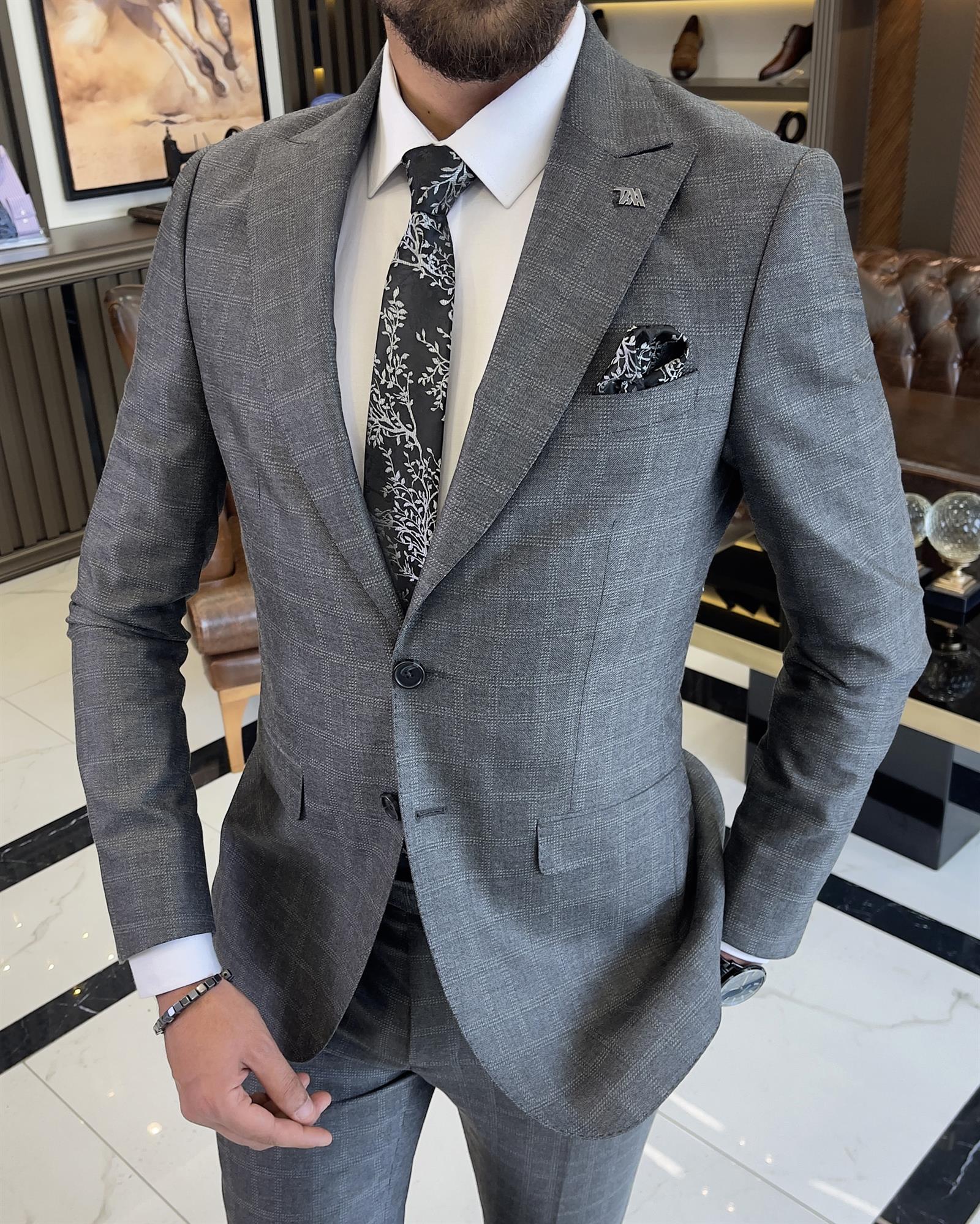 İtalyan stil slim fit ekose ceket pantolon takım elbise gri T9562