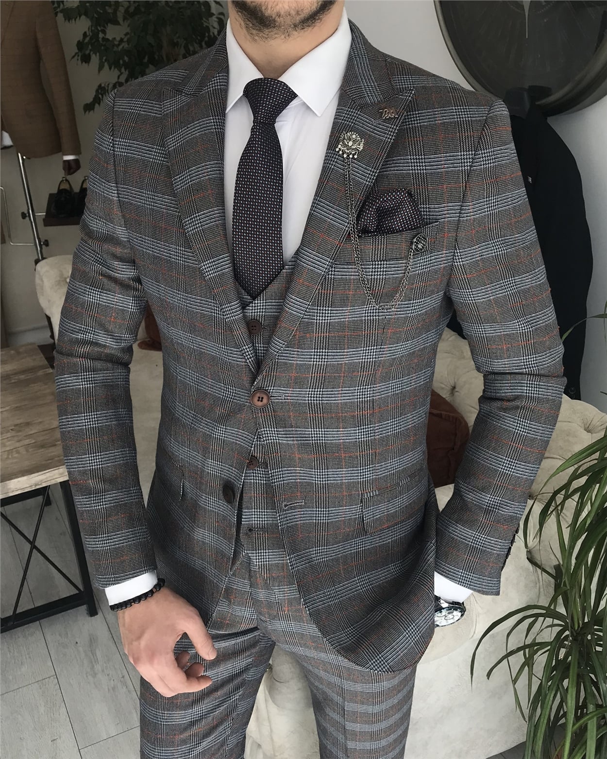 İtalyan stil slim fit ekose ceket yelek pantolon takım elbise Kahverengi T8362