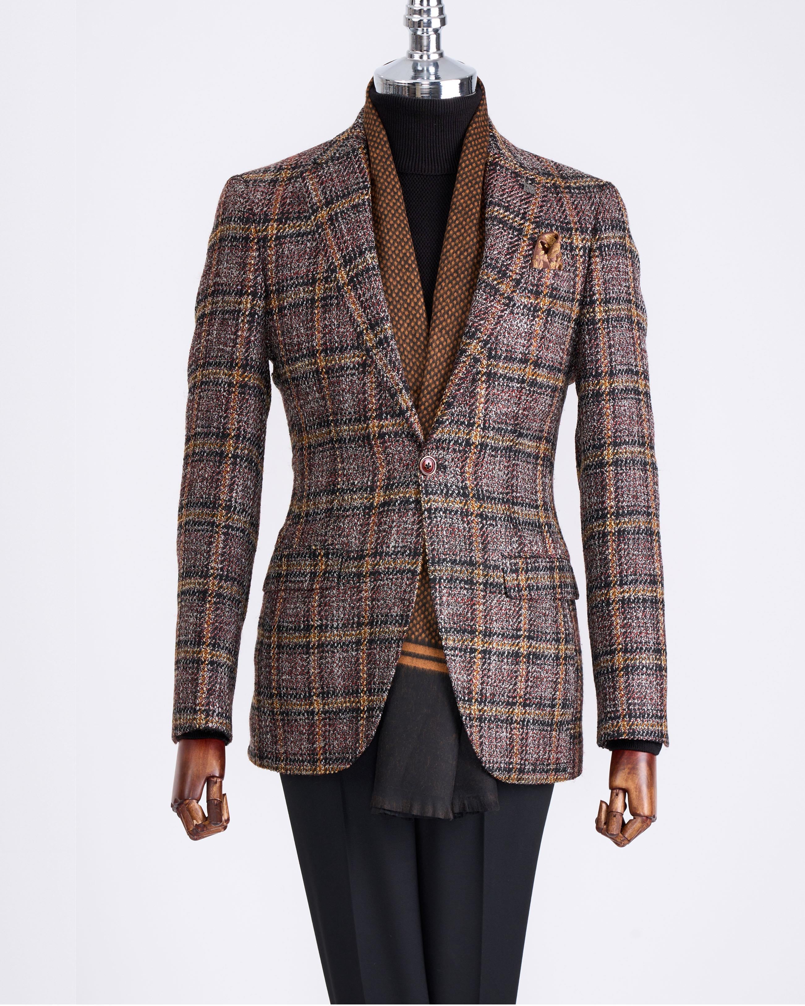 İtalyan stil slim fit ekose erkek tek ceket siyah T13350