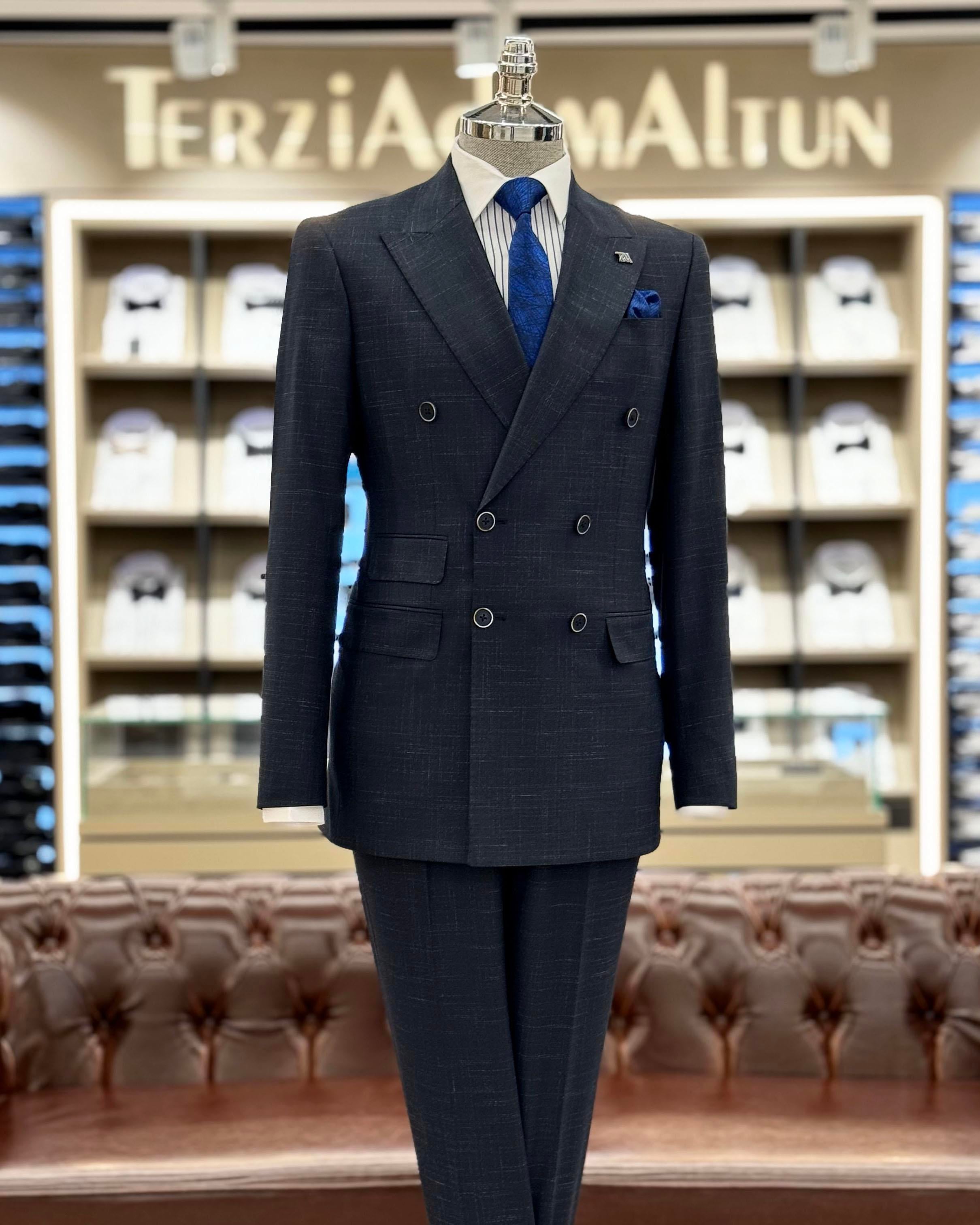 İtalyan stil slim fit ekose kruvaze ceket pantolon takım elbise lacivert T11695