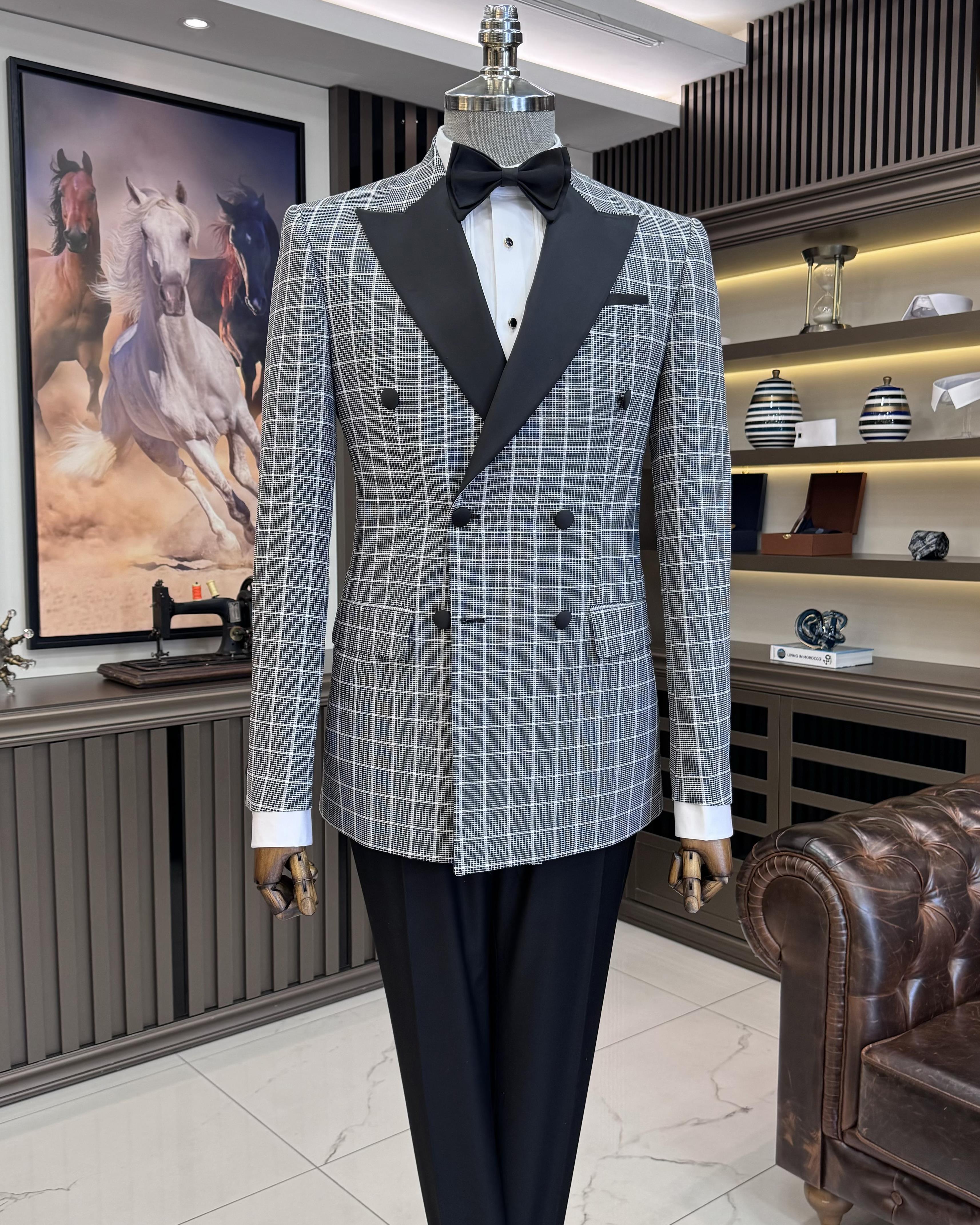 İtalyan stil slim fit ekose kruvaze ceket pantolon damatlık set siyah T11572