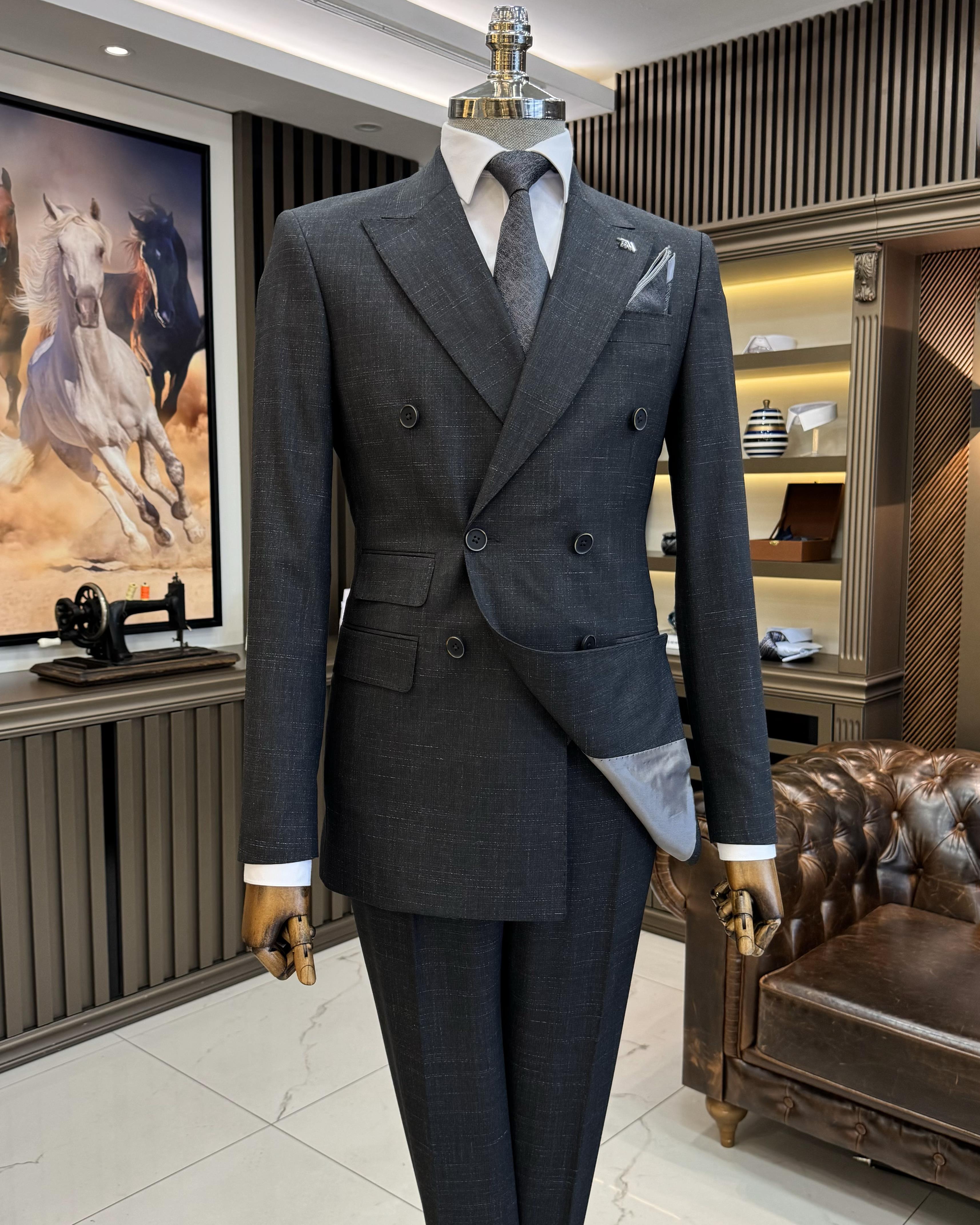 İtalyan stil slim fit ekose kruvaze ceket pantolon takım elbise siyah T11694