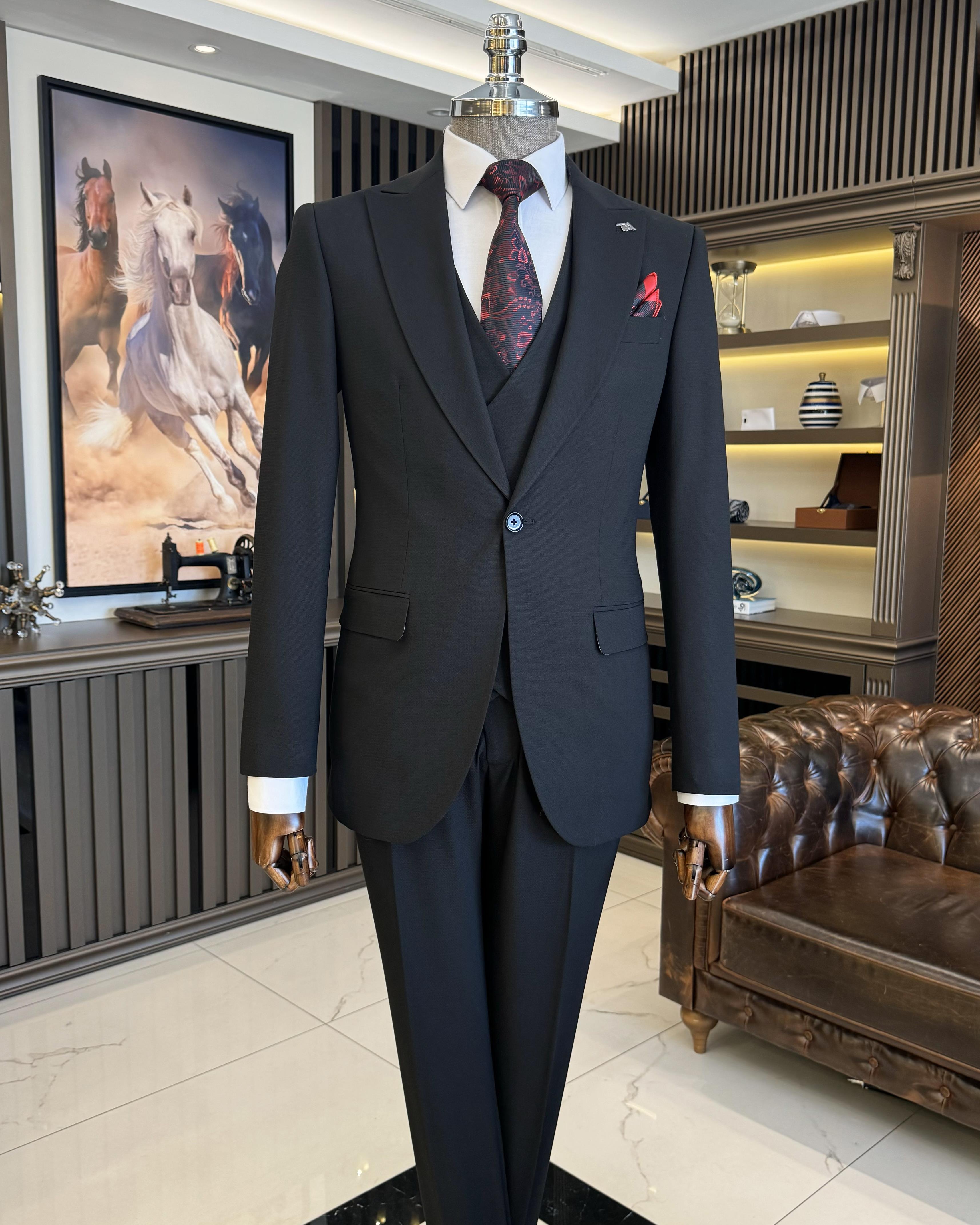 İtalyan stil slim fit erkek armürlü ceket yelek pantolon takım elbise siyah T11566
