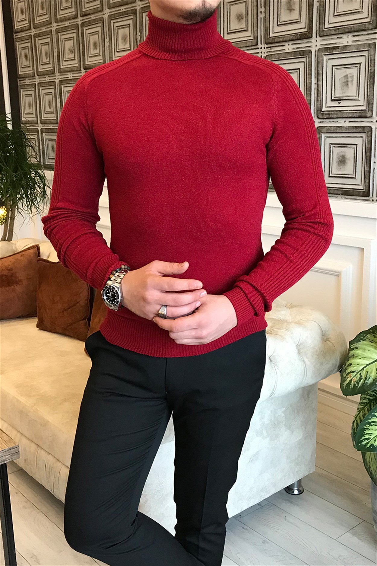 İtalyan stil slim fit erkek balıkçı yaka triko kazak Kırmızı T7964