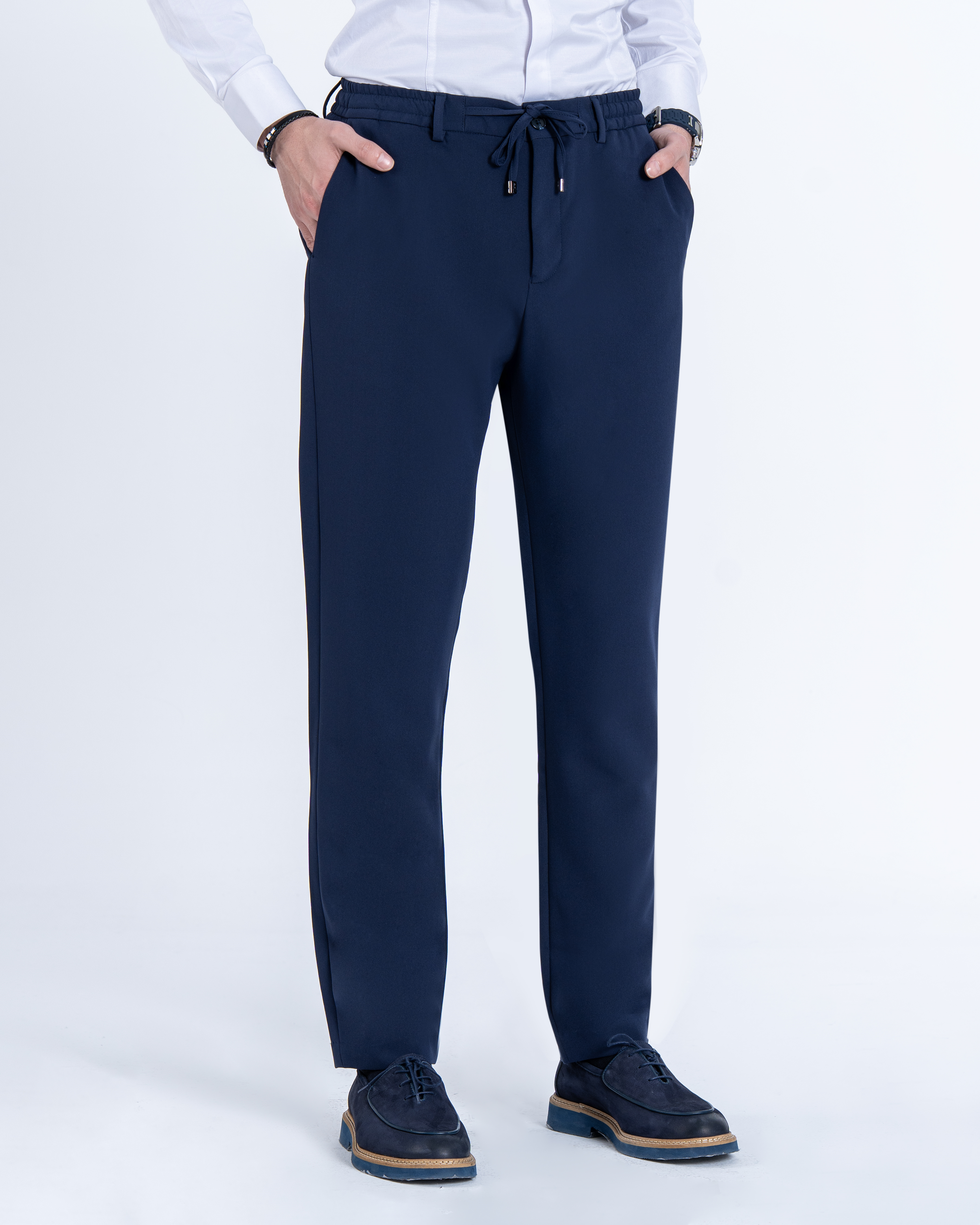 İtalyan stil slim fit erkek beli bağcıklı pantalon lacivert T14555