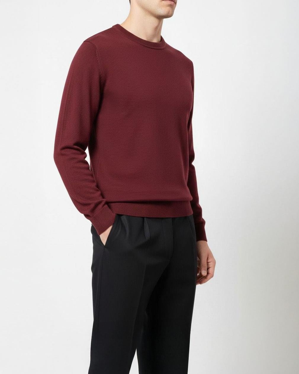 İtalyan stil slim fit erkek bisiklet yaka triko kazak bordo T13126