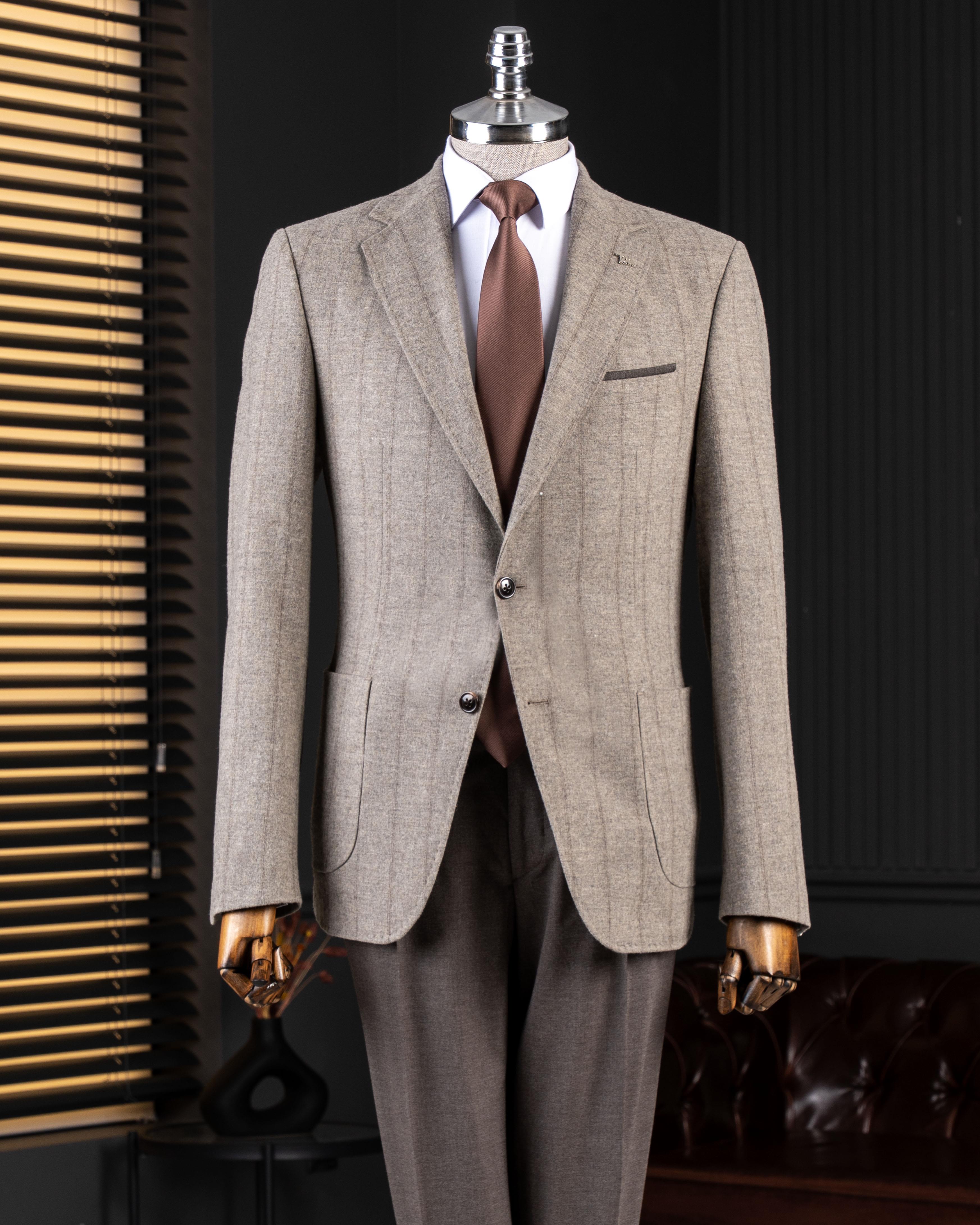 İtalyan stil slim fit erkek ceket pantolon takım elbise bej T14655
