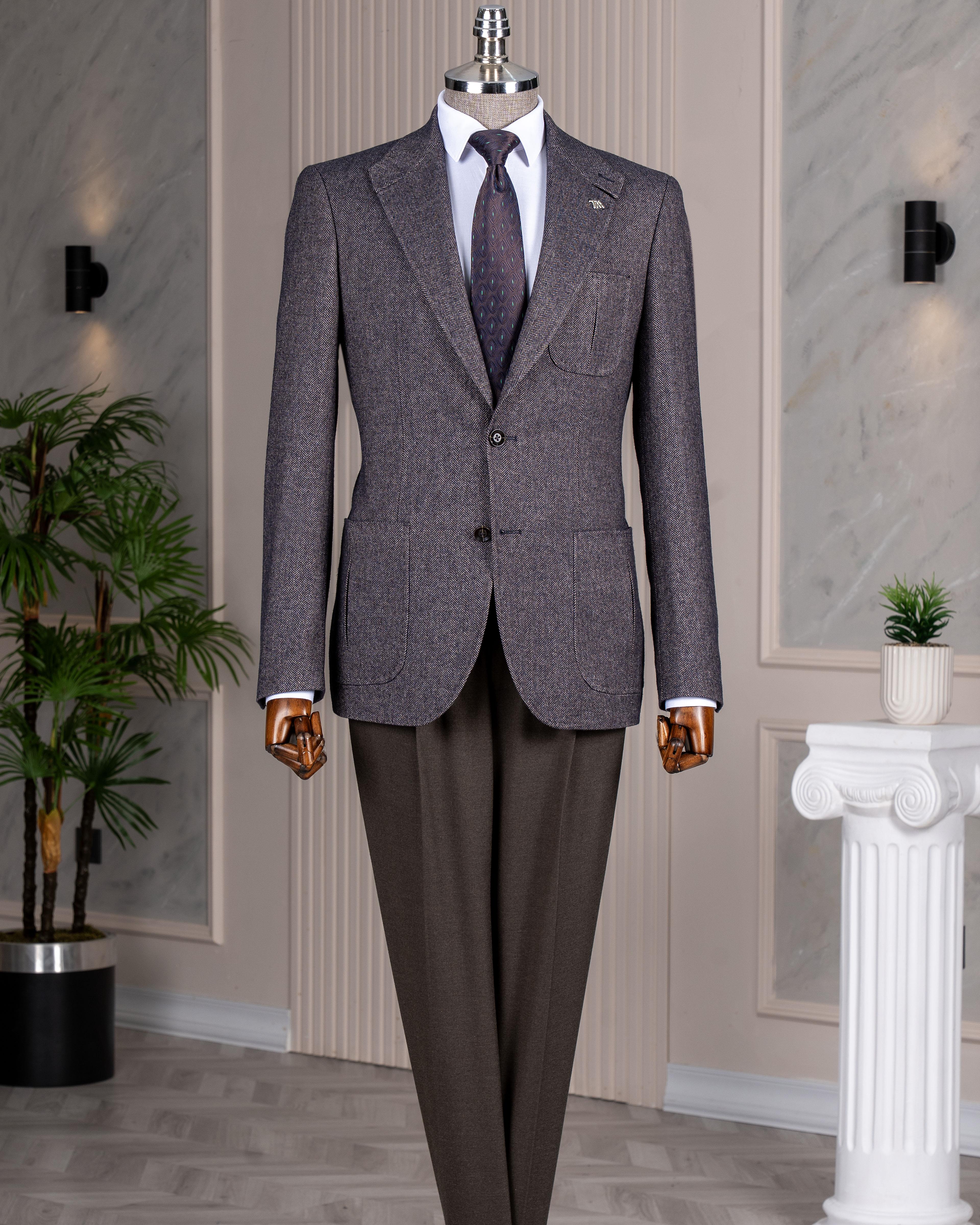 İtalyan stil slim fit erkek ceket pantolon kombin takım elbise kahverengi T14680