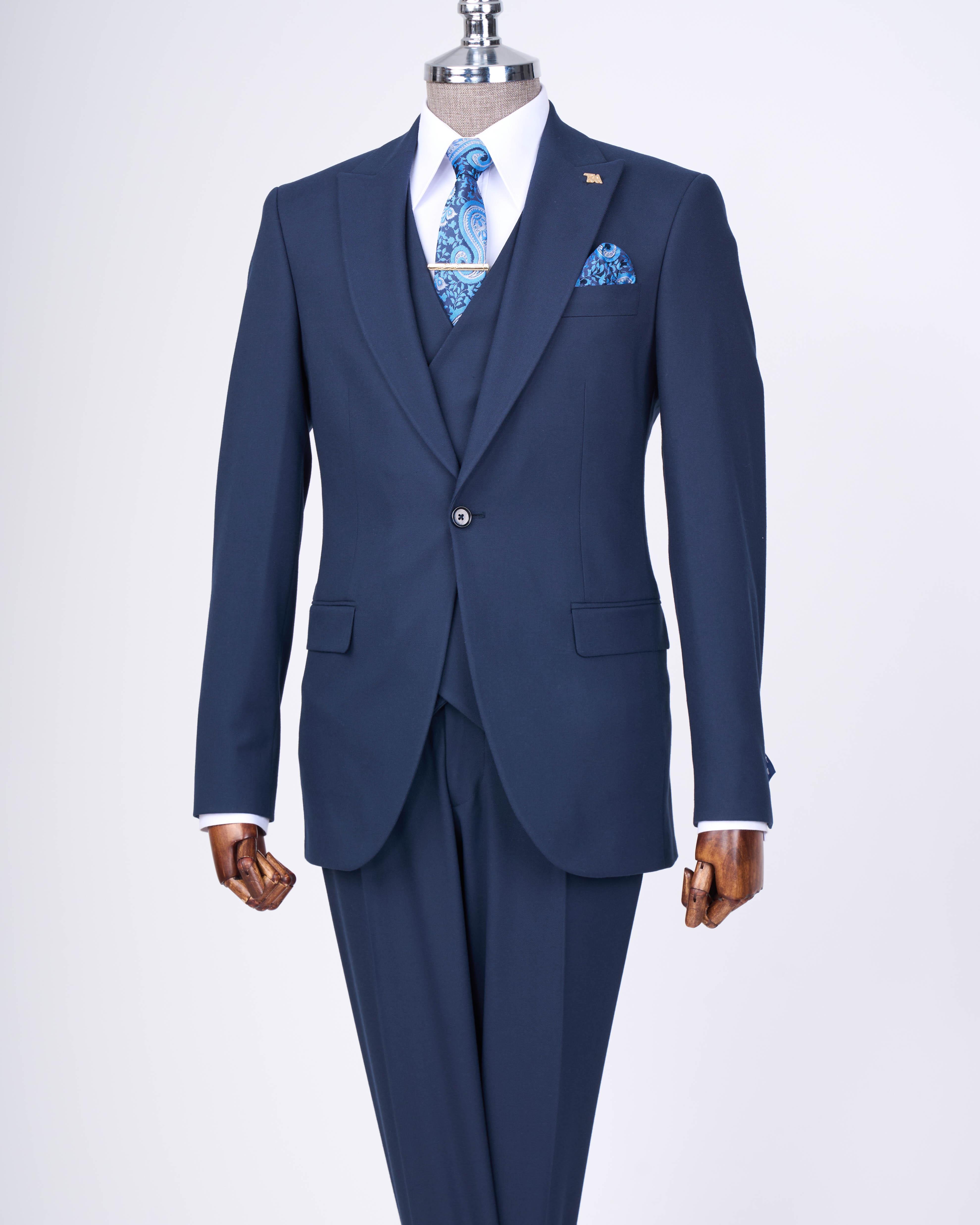 İtalyan stil slim fit erkek ceket yelek pantolon takım elbise lacivert T13466