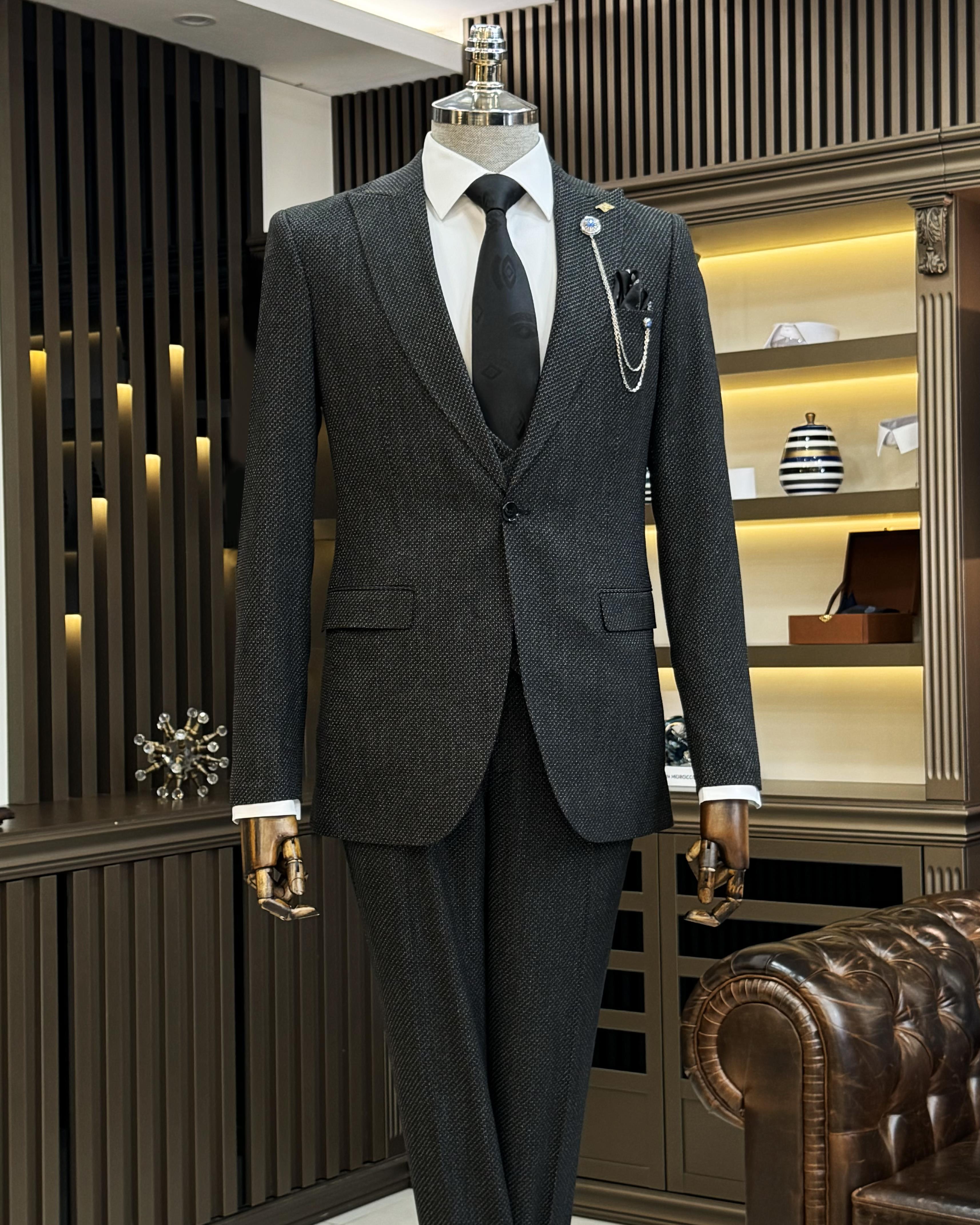 İtalyan stil slim fit erkek ceket yelek pantolon takım elbise siyah T11027