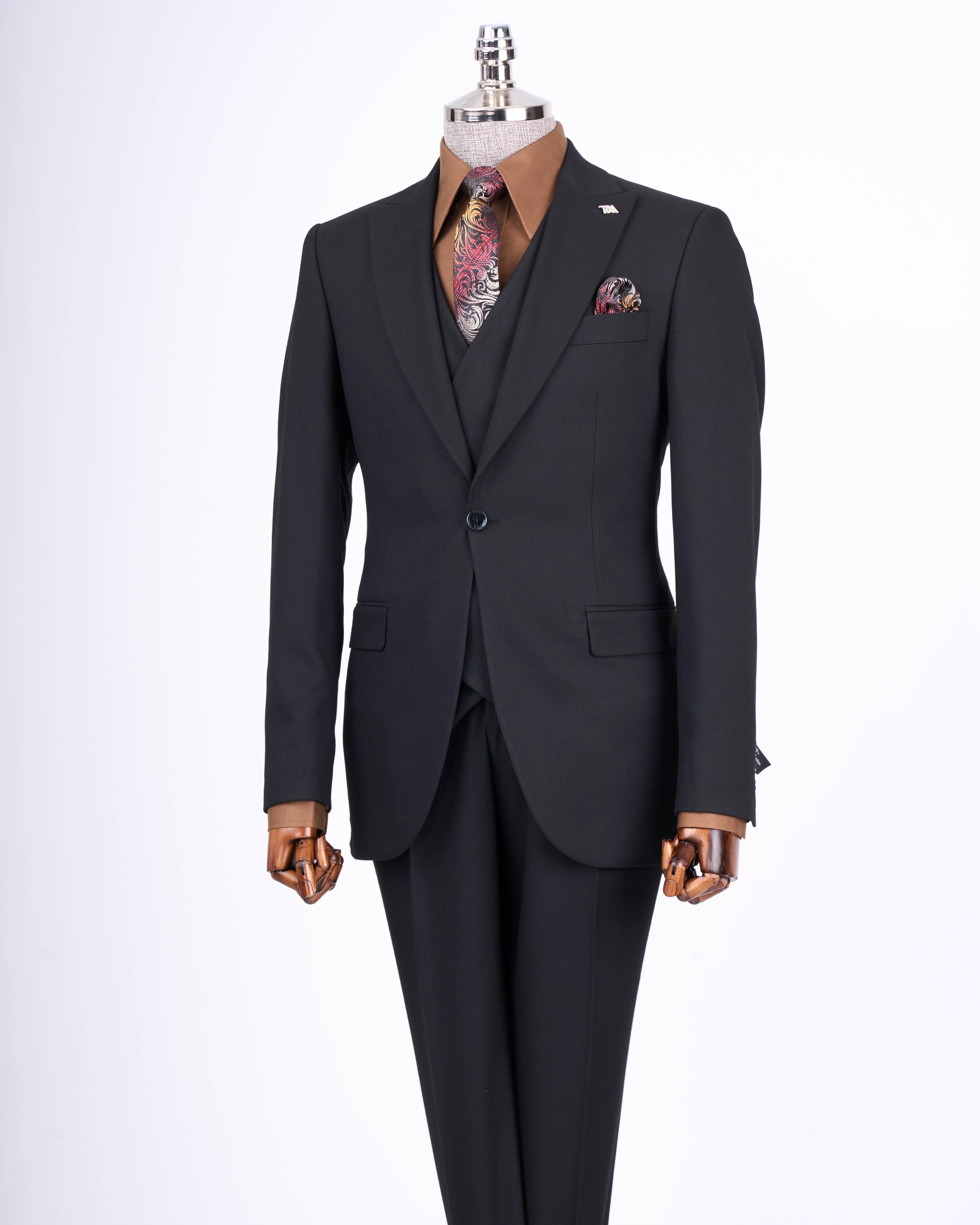 İtalyan stil slim fit erkek ceket yelek pantolon takım elbise siyah T13465