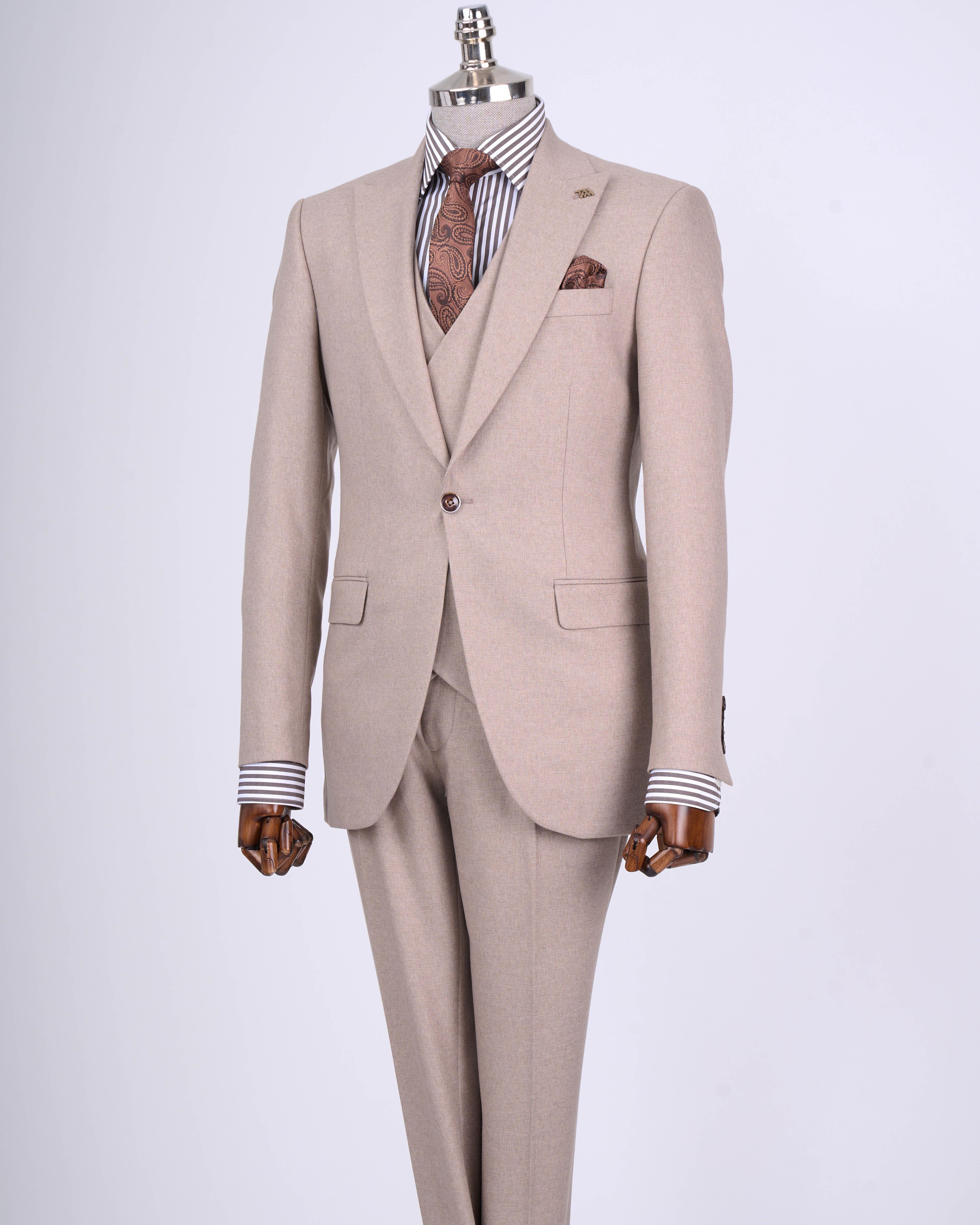 İtalyan stil slim fit erkek ceket yelek pantolon takım elbise vizon T13462