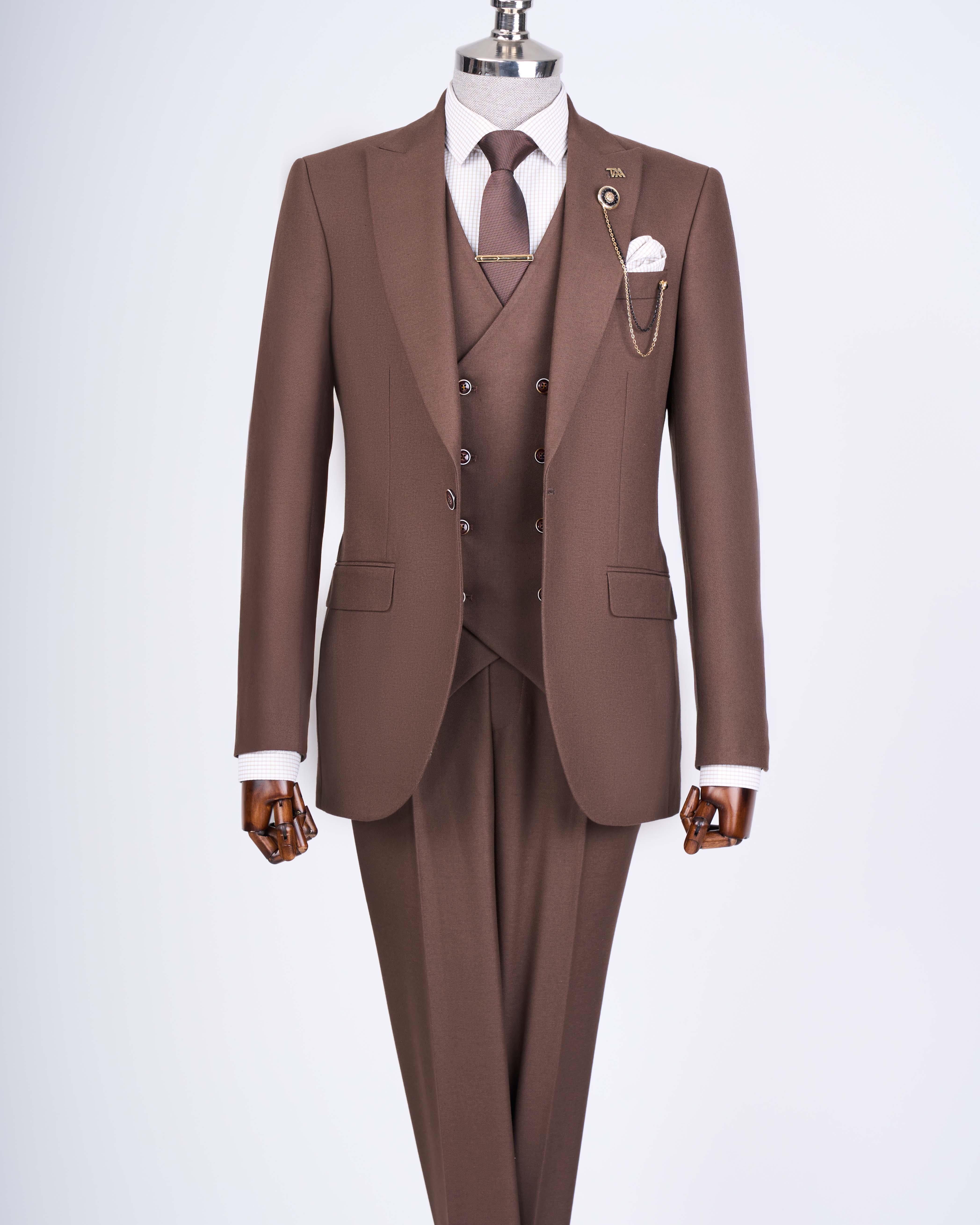 İtalyan stil slim fit erkek ceket yelek pantolon takım elbise kahverengi T13463