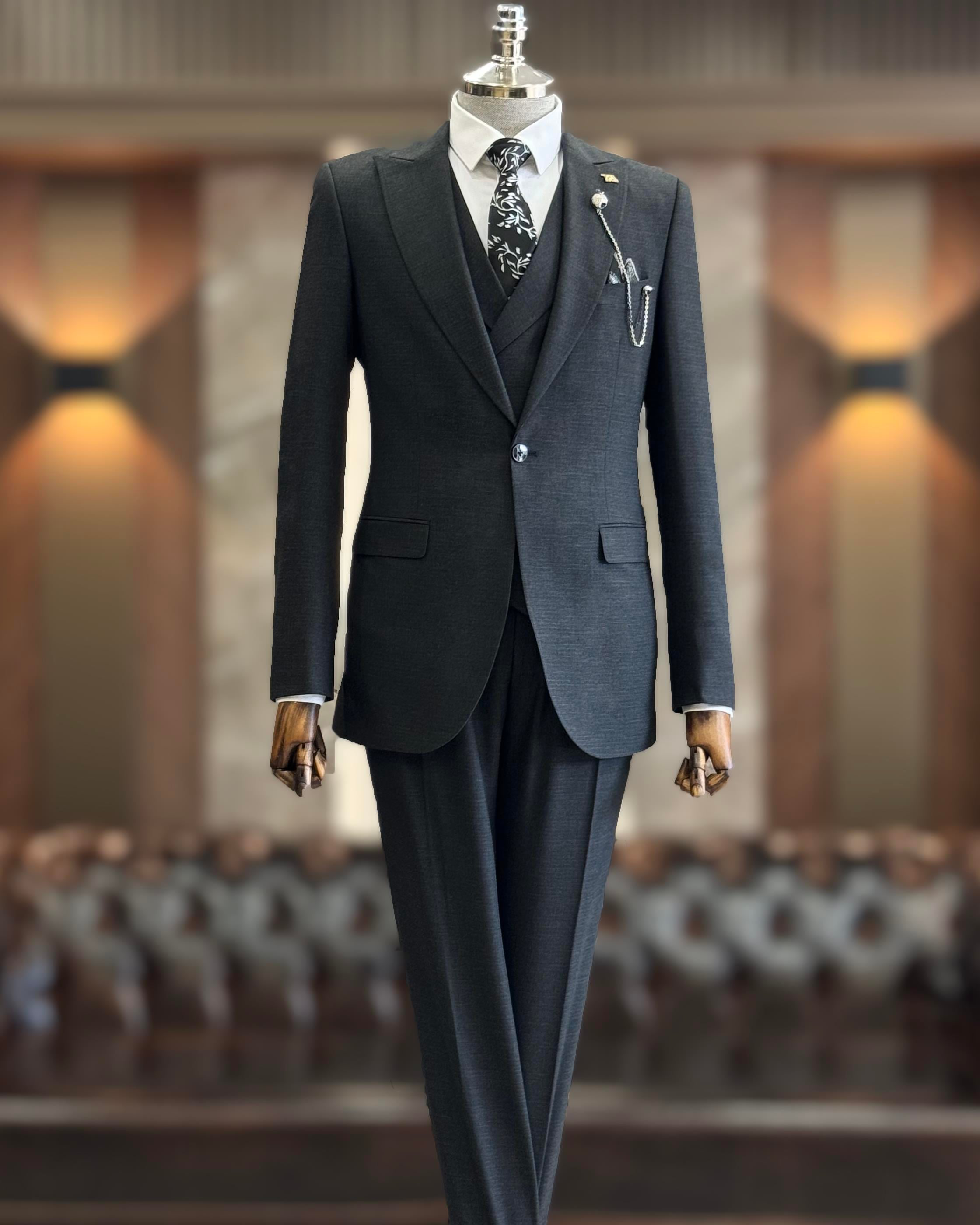 İtalyan stil slim fit erkek ceket yelek pantolon takım elbise antrasit T10783