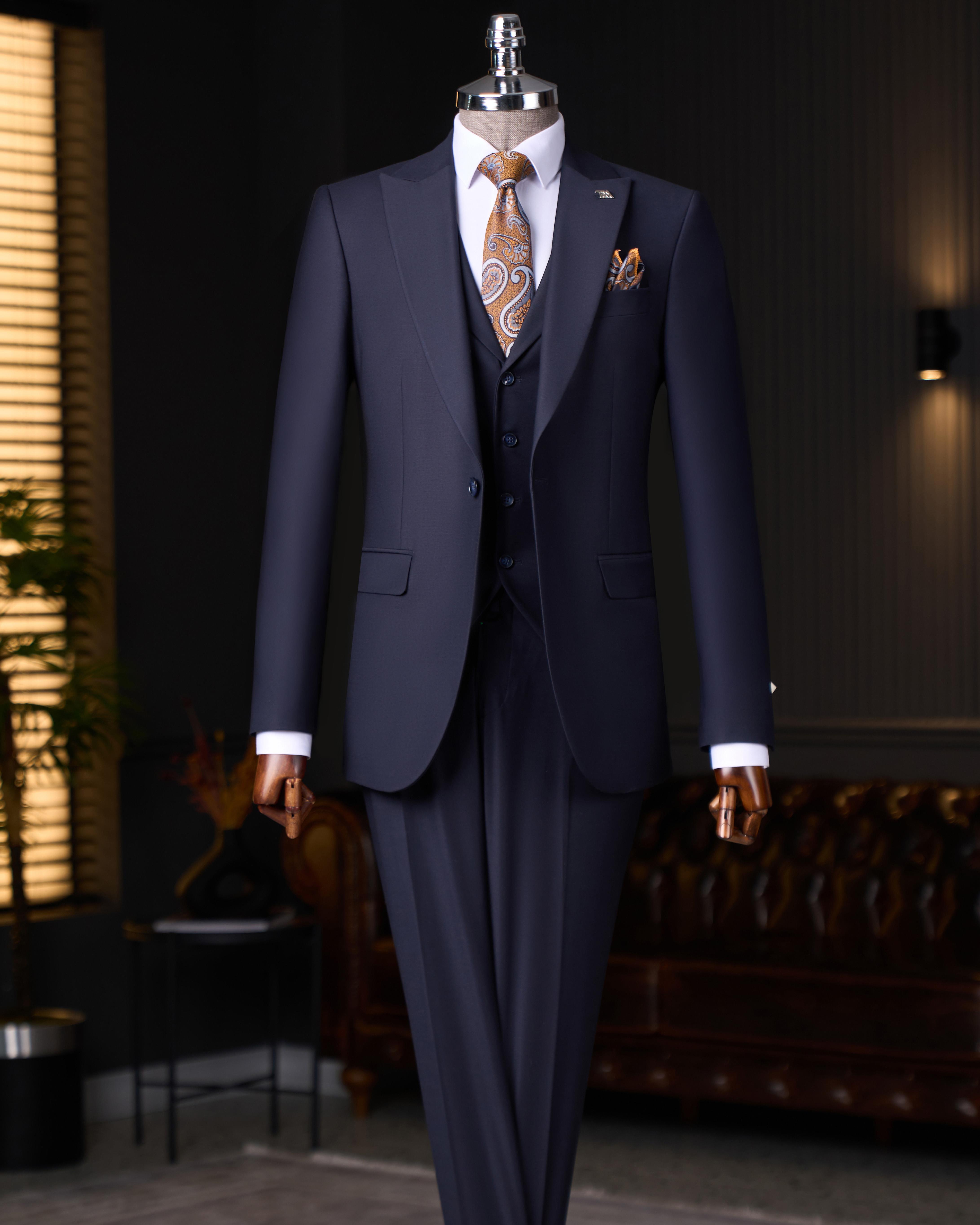 İtalyan stil slim fit erkek ceket yelek pantolon takım elbise lacivert T9023