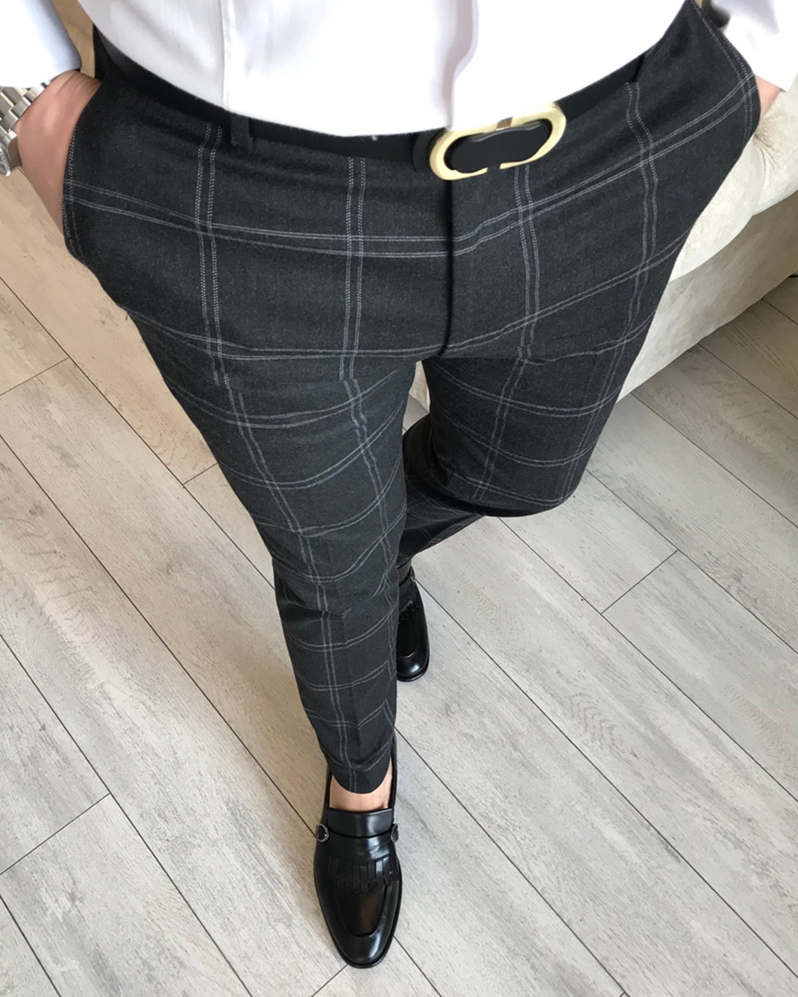 İtalyan stil slim fit erkek ekoseli kumaş pantolon Antrasit T5191