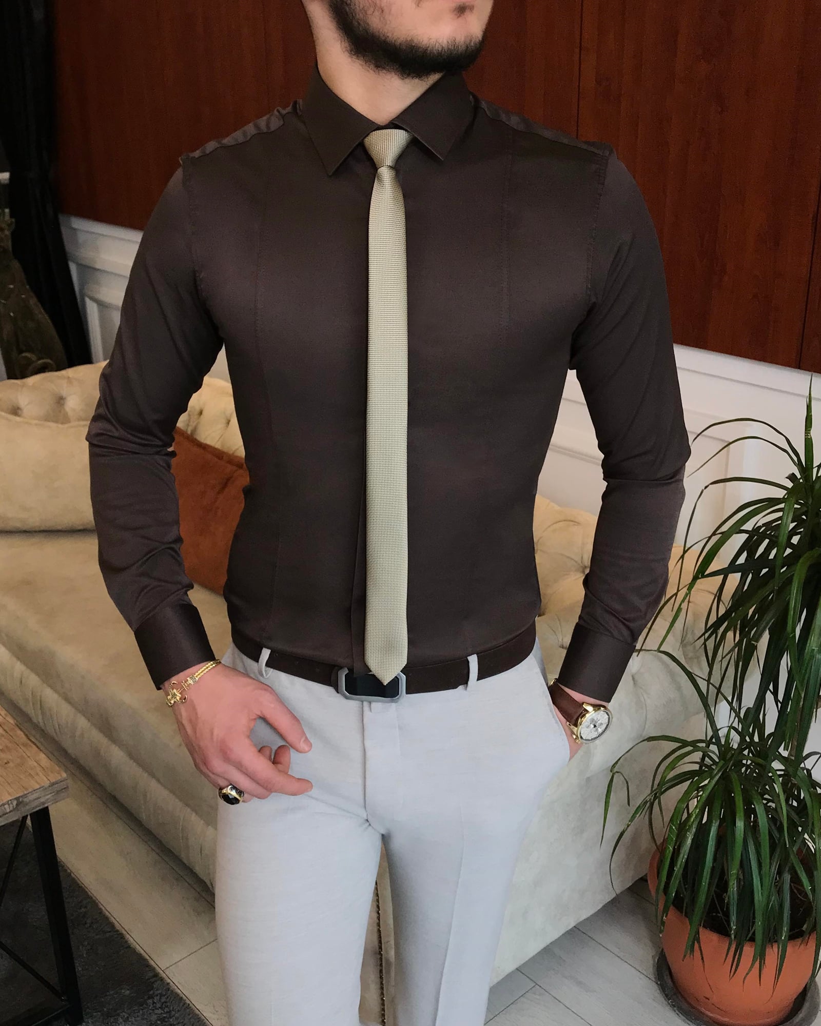 İtalyan stil slim fit erkek kravat yaka gömlek Kahverengi T6817