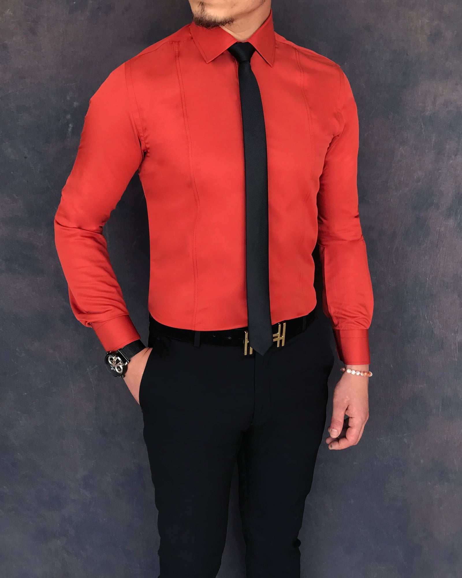 İtalyan stil slim fit erkek kravat yaka gömlek Kiremit T5904
