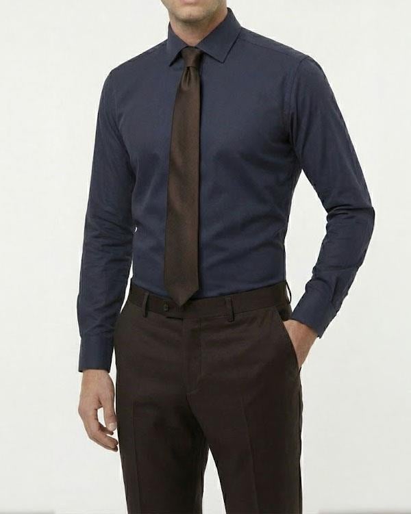 İtalyan stil slim fit erkek kravat yaka gömlek lacivert T14248