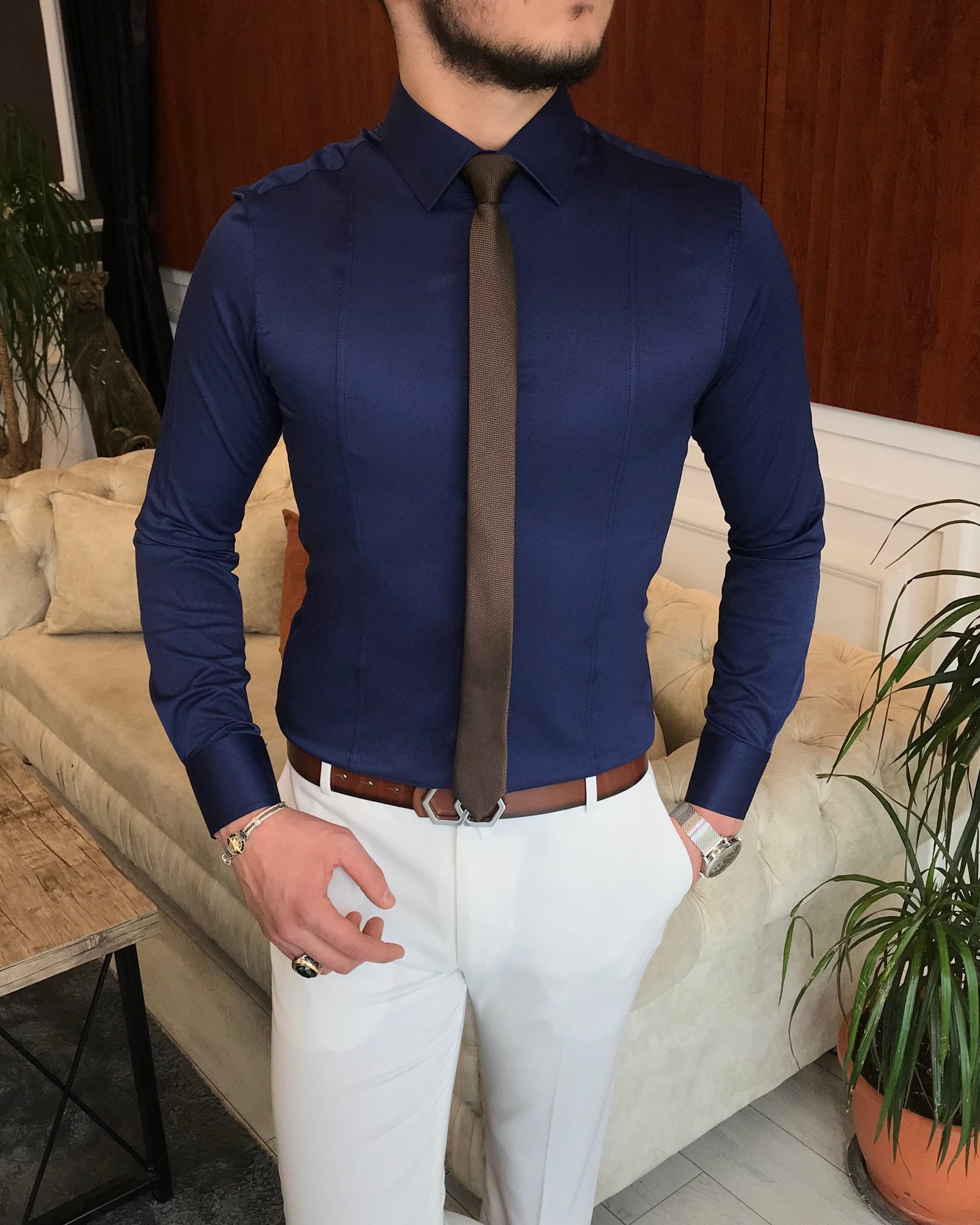 İtalyan stil slim fit erkek kravat yaka gömlek Lacivert T6814