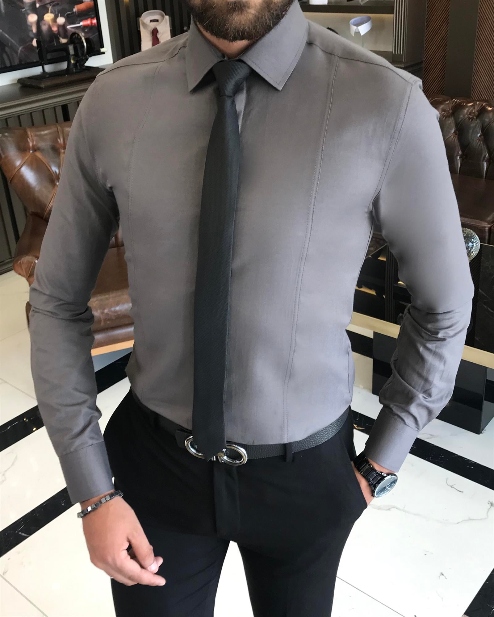 İtalyan stil slim fit erkek kravat yaka gömlek Gri T8739