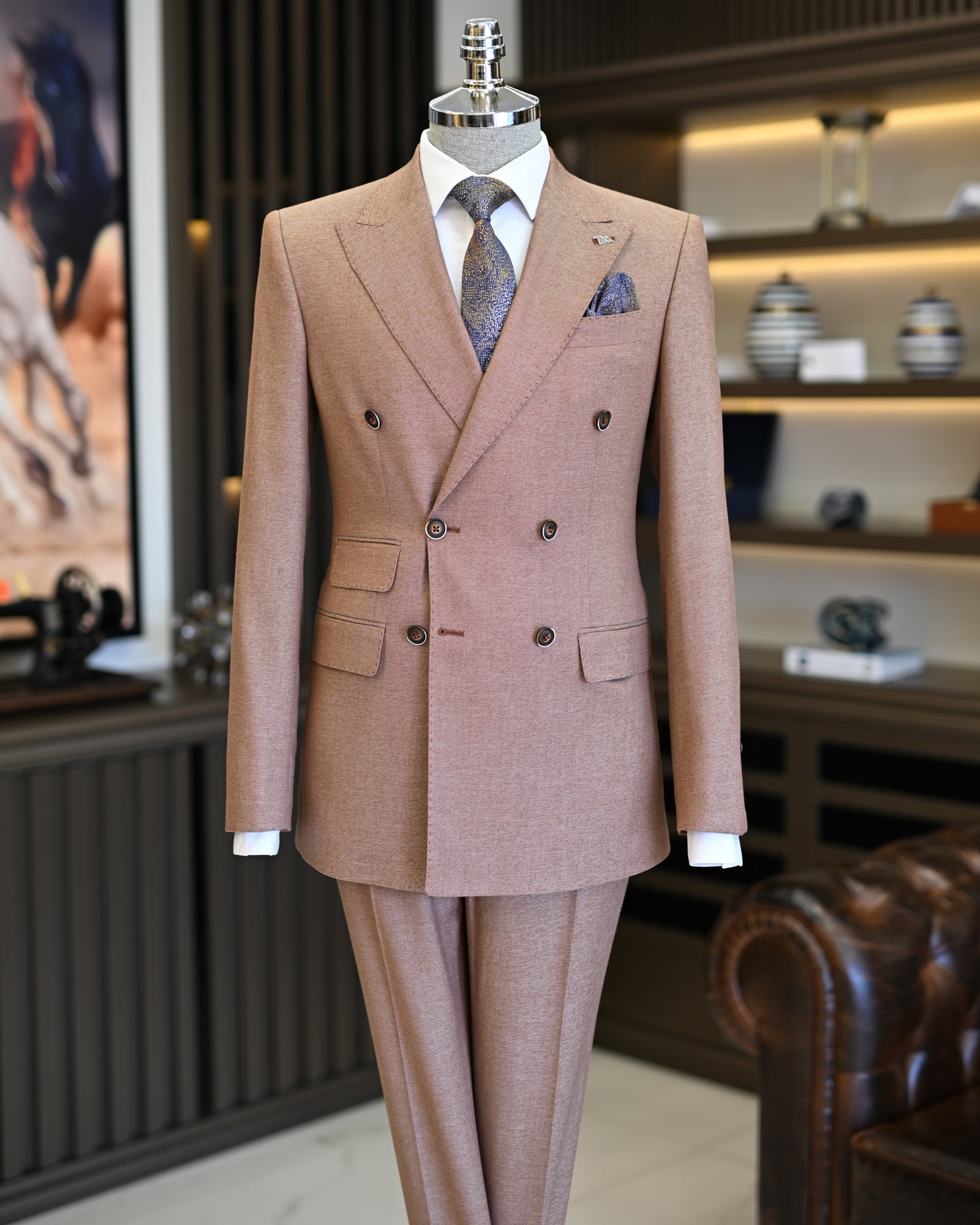 İtalyan stil slim fit erkek kruvaze ceket pantolon takım elbise kiremit T11560