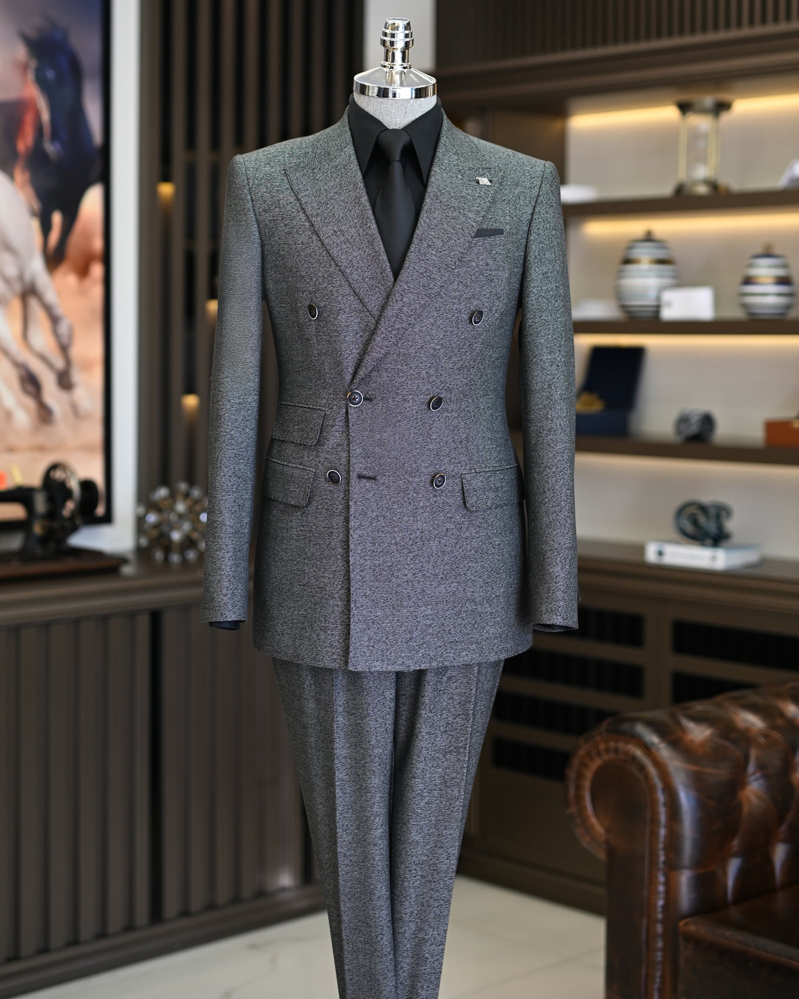 İtalyan stil slim fit erkek kruvaze ceket pantolon takım elbise siyah T11557