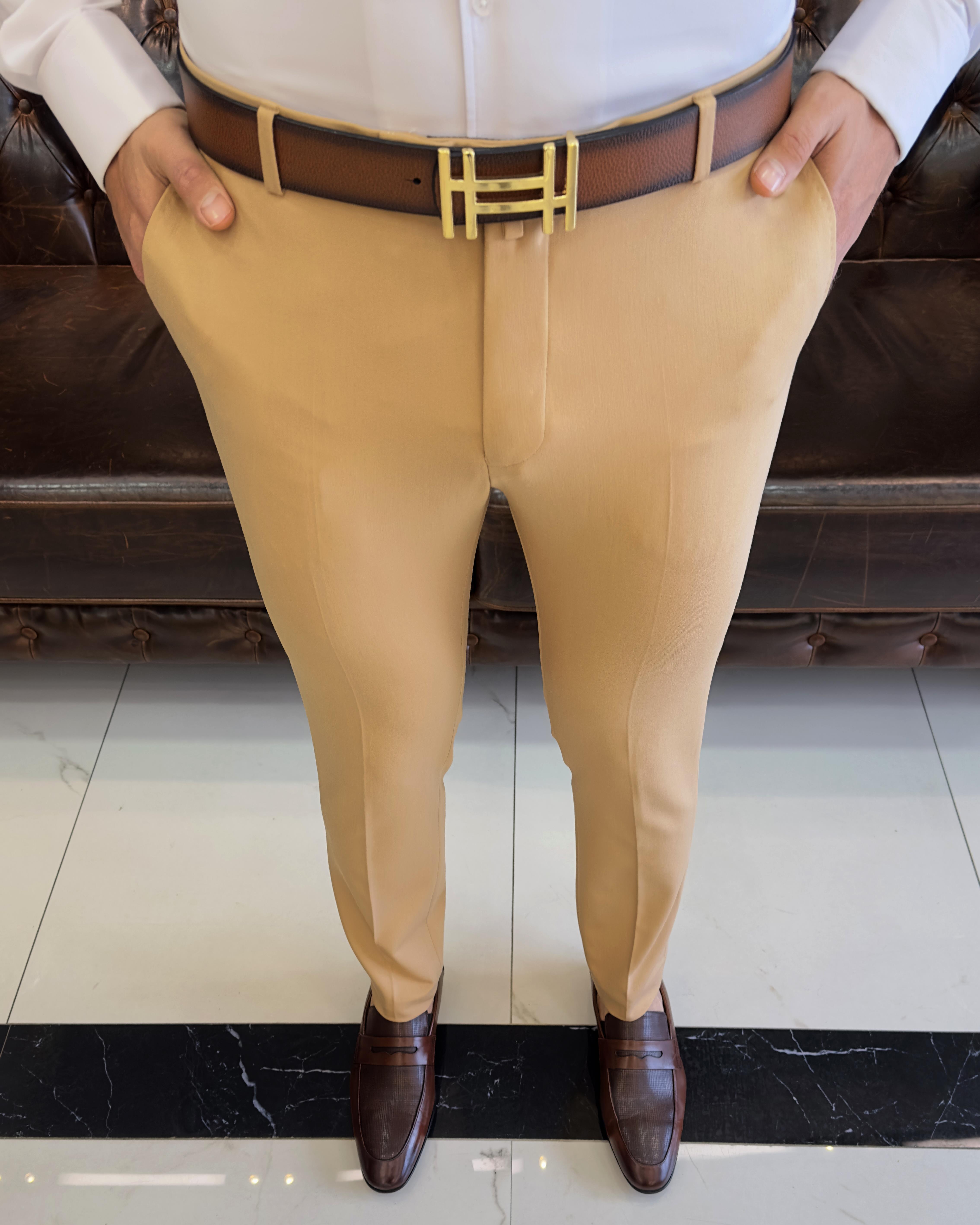 İtalyan stil slim fit erkek kumaş pantolon Açık Camel T4678