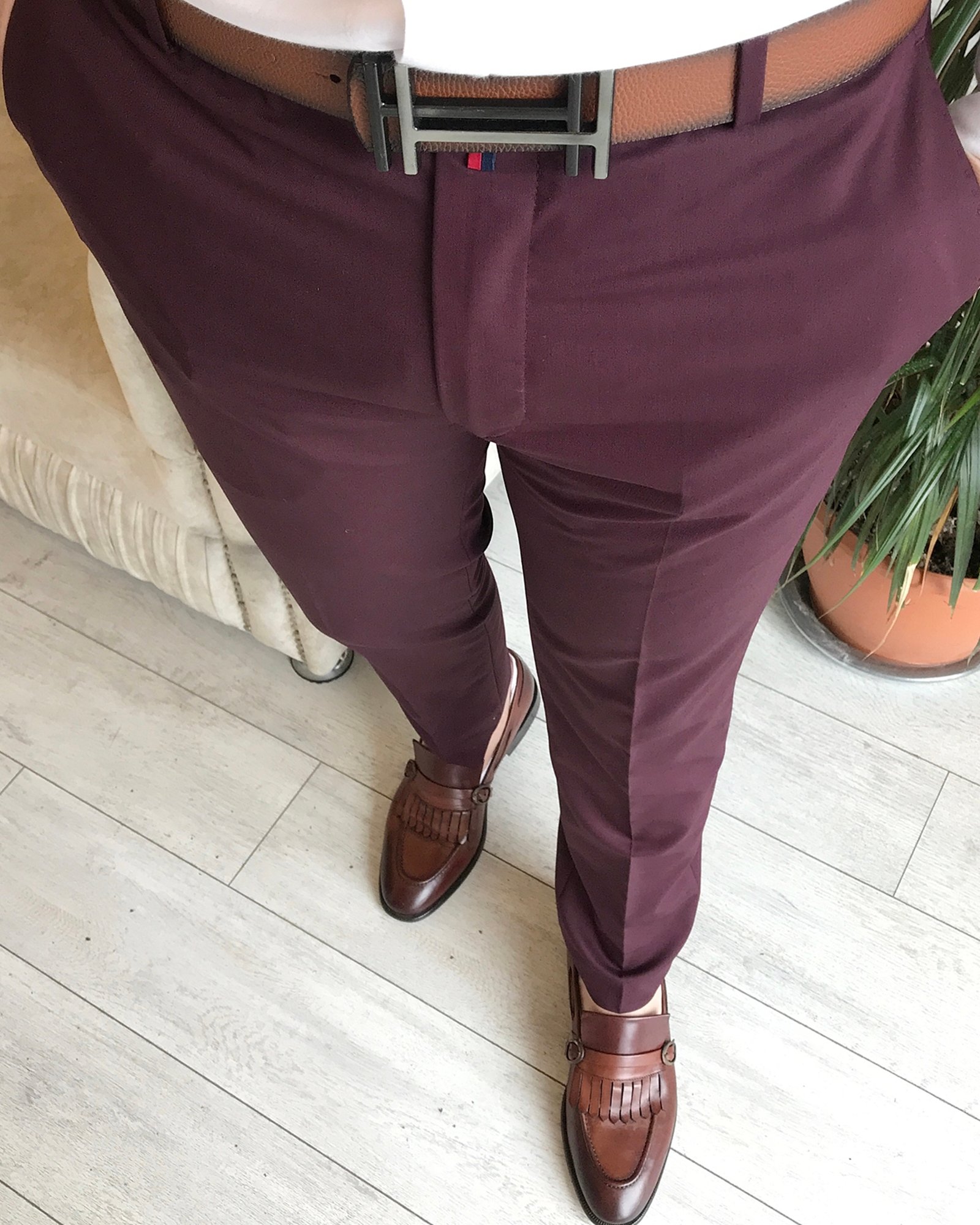 İtalyan stil slim fit erkek kumaş pantolon Bordo T4423