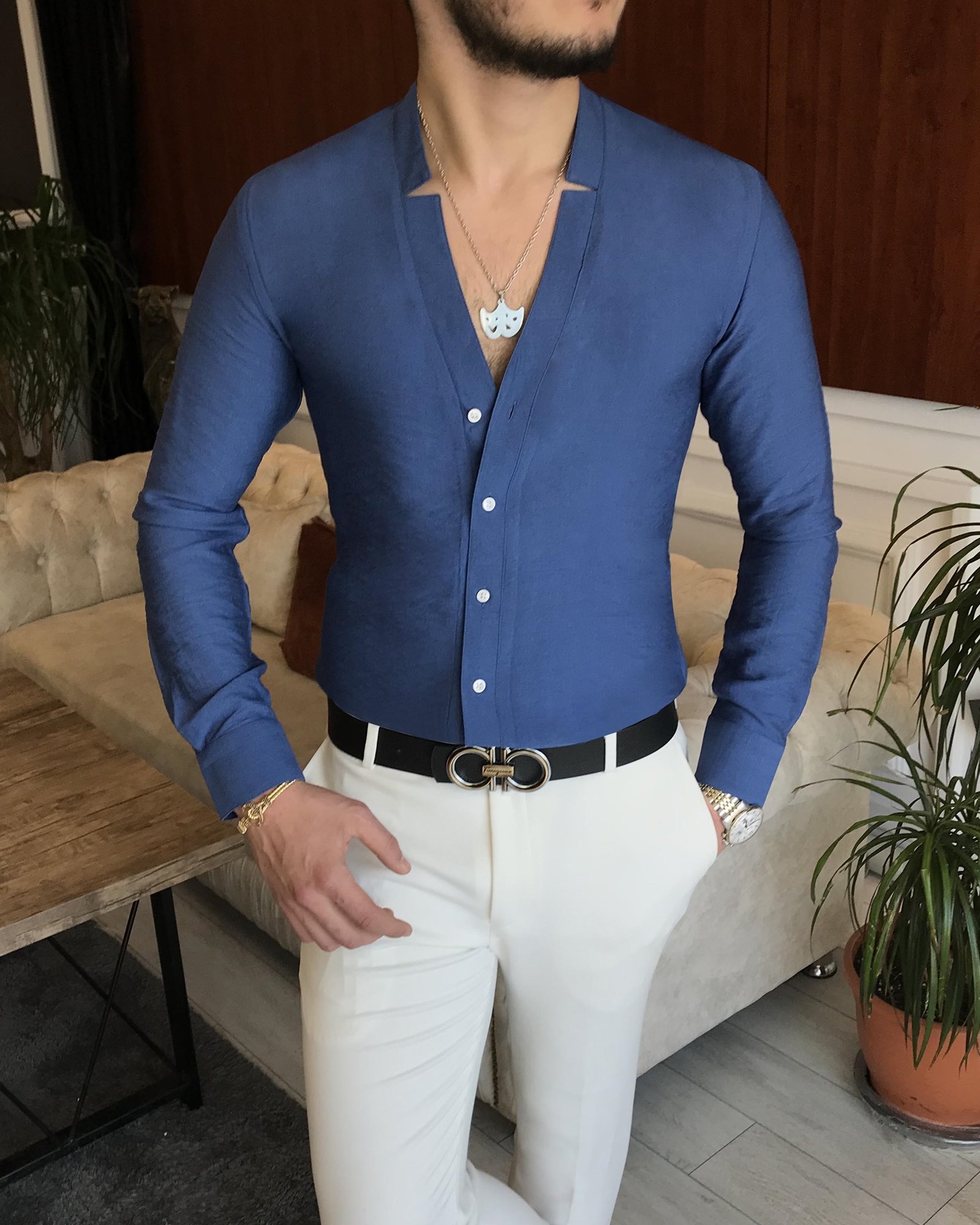 İtalyan stil slim fit erkek likralı hakim yaka gömlek lacivert T5928