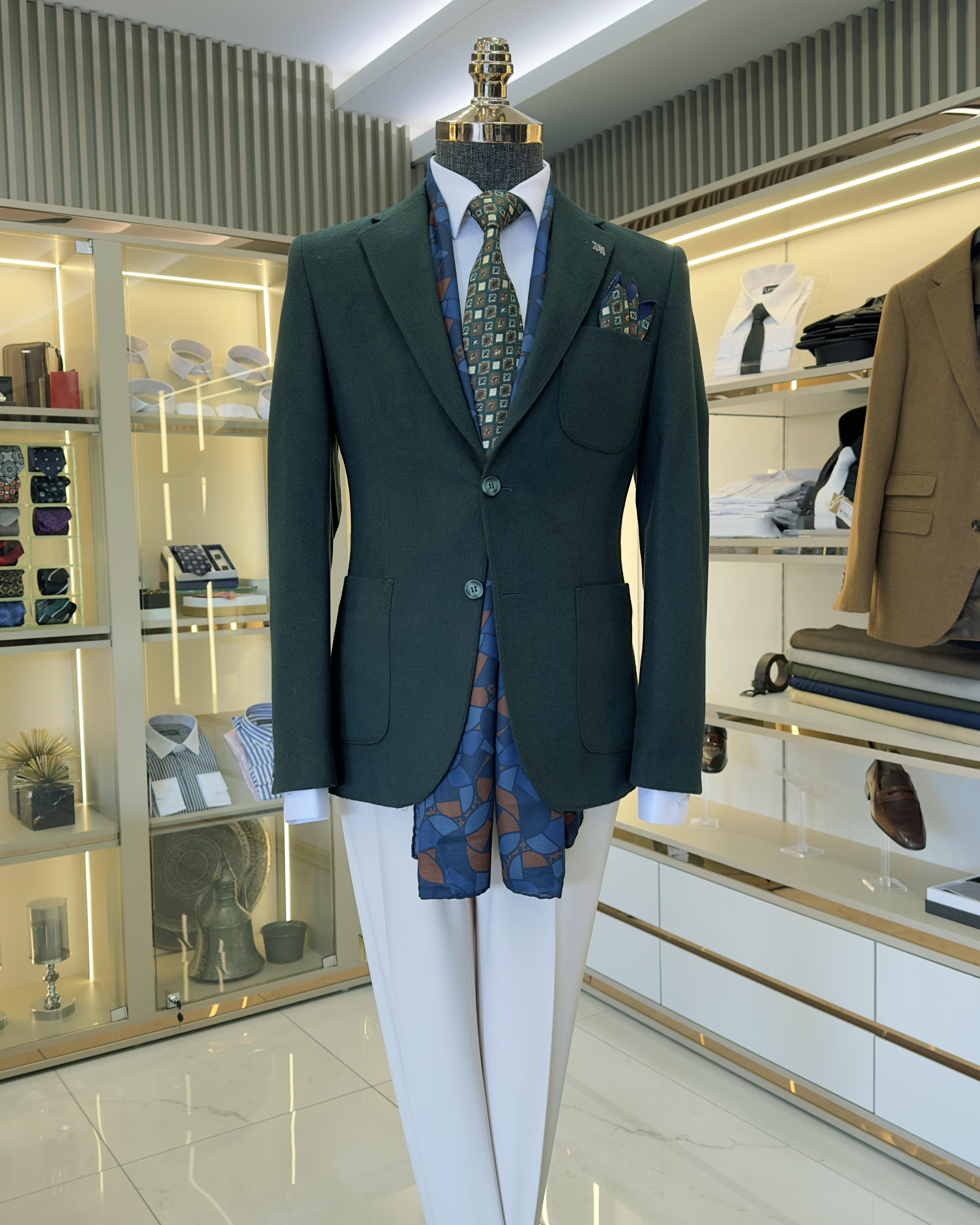 İtalyan stil slim fit erkek mono yaka yün ceket yeşil T10152